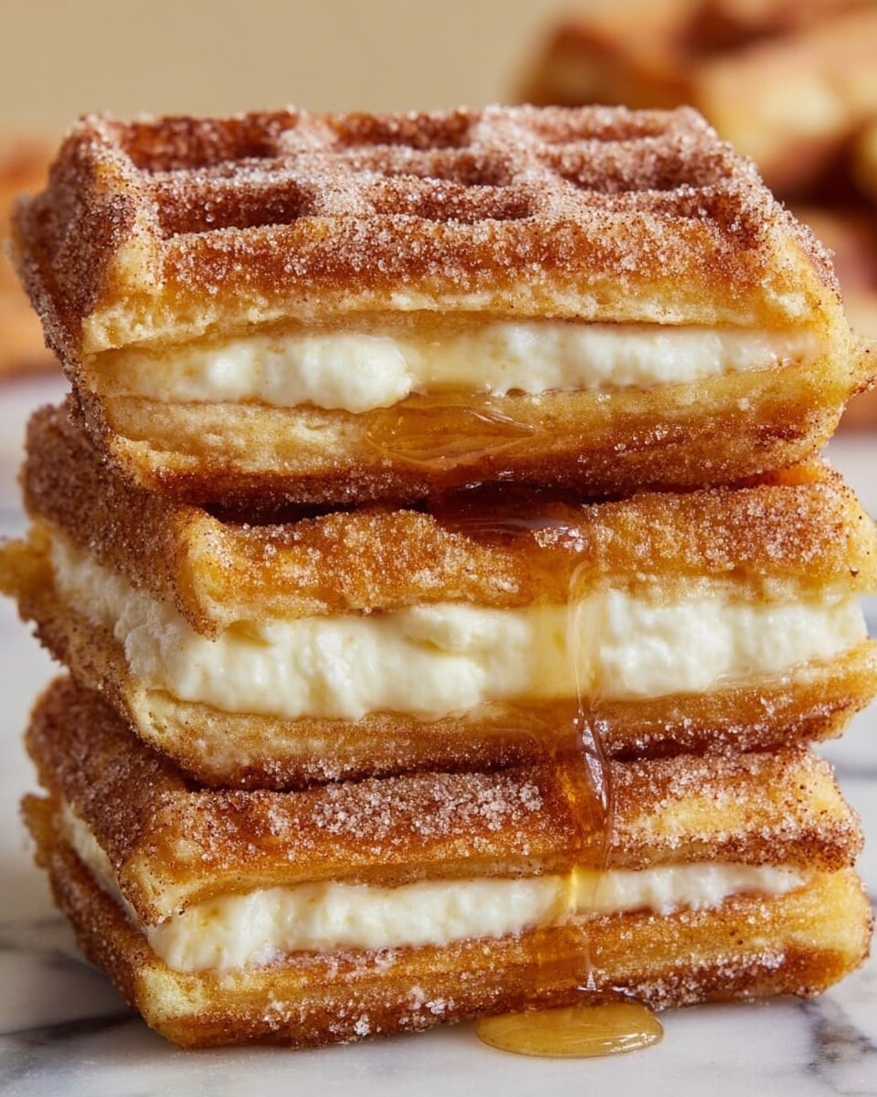 The image shows a close-up of three stacked square-shaped waffle sandwiches on a white marbled surface. Each sandwich has three visible layers: the top and bottom layers are golden brown waffles coated with cinnamon sugar, showing a slightly crispy texture. Between these waffles is a thick middle layer of soft, creamy white filling. A shiny layer of syrup drizzles slightly from the filling, adding a sticky, glossy look to the edges. The warm, textured waffles contrast with the smooth filling, making the stack look rich and inviting. photo taken with an iphone --ar 4:5 --v 7