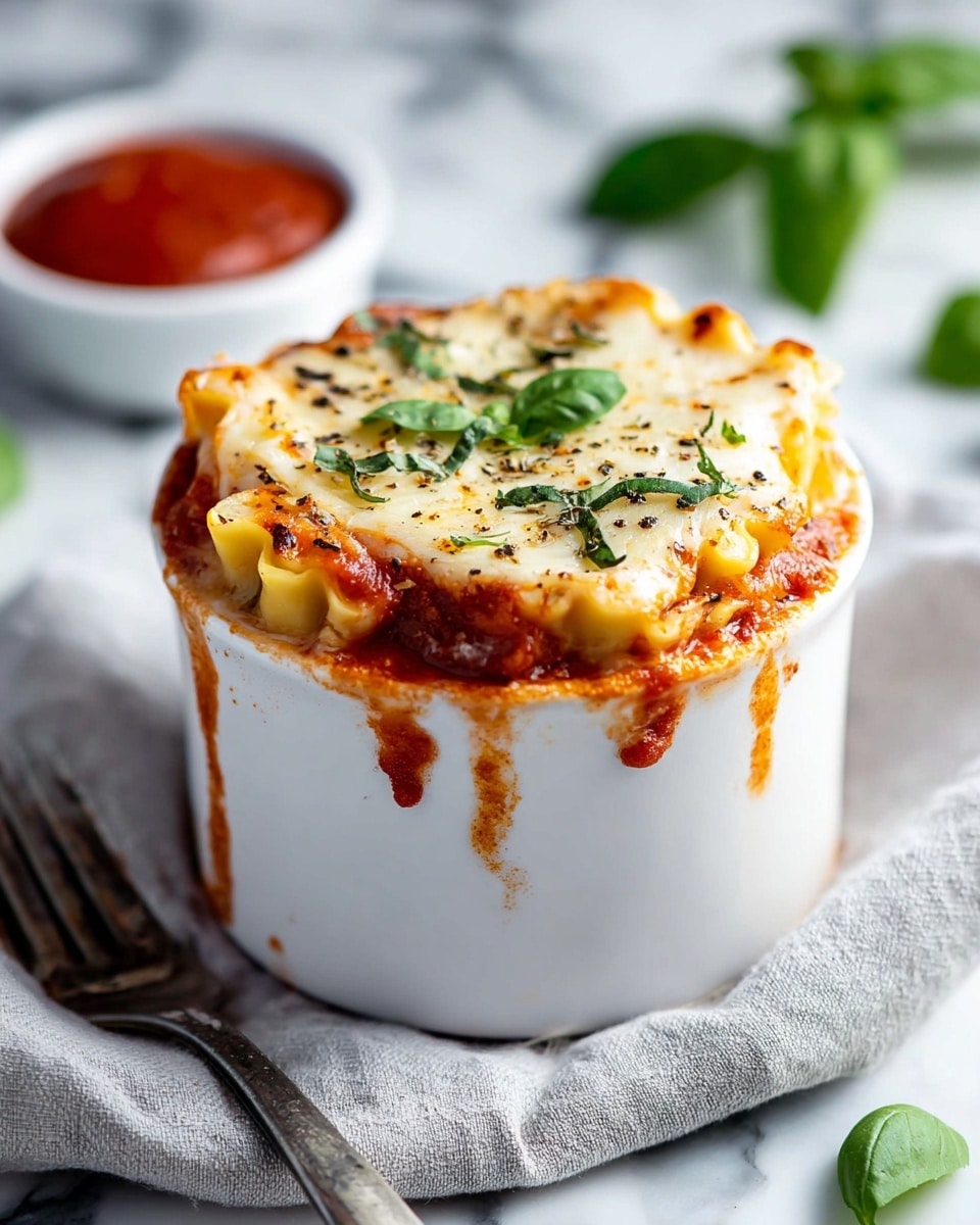 A white cup filled with three visible layers of lasagna, starting with a deep red tomato sauce base at the bottom that peeks out slightly over the edges, followed by soft, yellow pasta sheets, and topped with a melted layer of creamy white and golden brown cheese sprinkled with black pepper and fresh green basil leaves for garnish. The cup has some tomato sauce dripped and dried on its sides. It sits on a light gray cloth with a silver fork beside it, all placed on a white marbled surface with a small bowl of red sauce and fresh basil leaves blurred in the background. Photo taken with an iphone --ar 4:5 --v 7