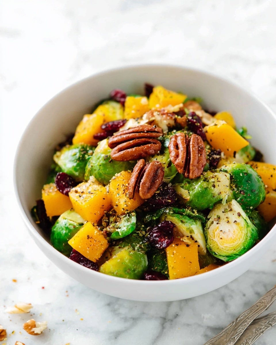 A white bowl filled with a colorful salad, showing several layers: the bottom layer is a mix of bright green halved Brussels sprouts with a slightly roasted texture; scattered on top are golden yellow roasted butternut squash cubes; dark red dried cranberries add contrast throughout; and whole pecans are placed on the top layer, adding a rich brown color and crunch. The salad is lightly sprinkled with black pepper, and the bowl sits on a white marbled surface with some crumbs scattered around. Photo taken with an iphone --ar 4:5 --v 7