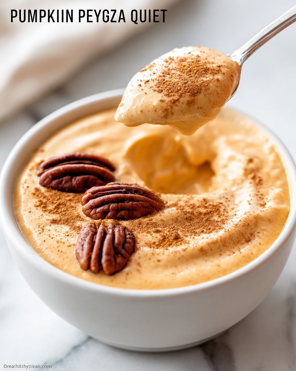 A white bowl filled with creamy, light orange pumpkin pie Greek yogurt has a smooth, thick texture. The top layer is dusted with a fine layer of brown cinnamon powder, and three whole, glossy pecans sit on top in a semi-circle. A vintage silver spoon held by a woman's hand scoops up some yogurt, showing its thick and smooth texture with some cinnamon powder on it. The bowl rests on a white marbled surface with scattered pecan pieces around. Photo taken with an iphone --ar 4:5 --v 7