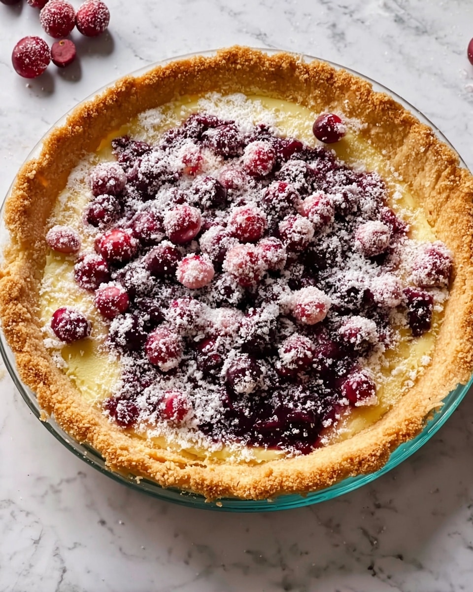 A round pie with one thick, golden-brown crust edge sprinkled with coarse crumbs sits in a clear glass dish on a white marbled surface. The pie's filling has a soft yellow base visible around the edges and is topped with a spread of deep purple-red fruit sauce in the center. Scattered on top are many small, round, red cranberries covered in white sugar crystals, giving a frosted look. The pie has an uneven layer of crumbly white topping sprinkled generously over the fruit and filling, adding texture and contrast. Photo taken with an iphone --ar 4:5 --v 7