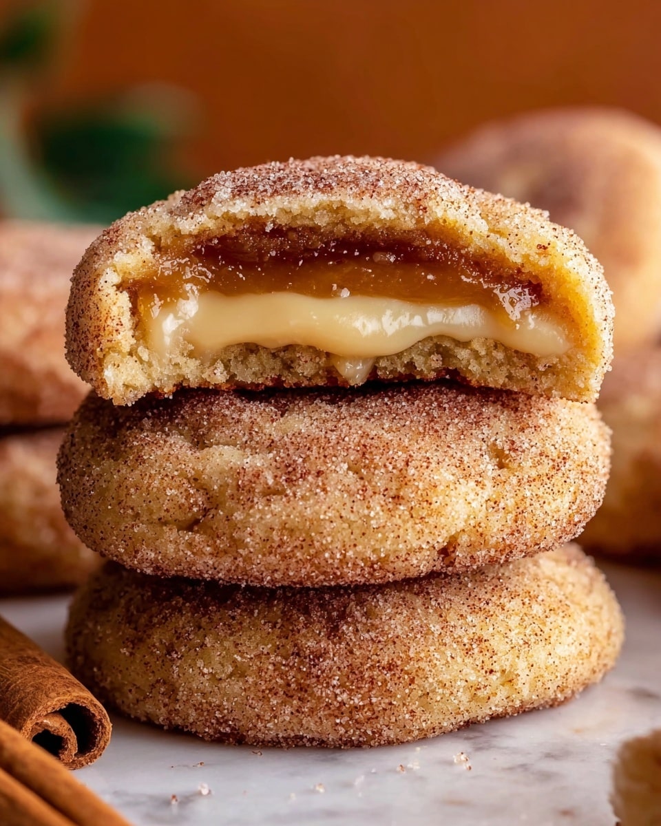 A close-up of a stack of three cinnamon sugar cookies on a white marbled surface, the top cookie is broken in half showing a gooey, light caramel-colored filling inside with a soft, crumbly texture on the outside covered in granulated sugar and cinnamon powder. The overall color palette is warm with golden brown cookies and a slightly shiny filling. A cinnamon stick is partially visible in the bottom left corner, adding to the cozy feel of the image. photo taken with an iphone --ar 4:5 --v 7