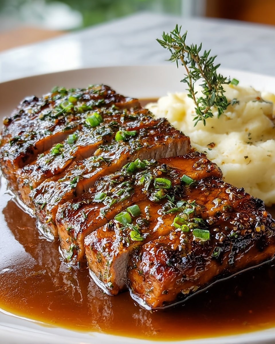 A thick, grilled piece of meat is sliced into five sections, showing a juicy, tender inside with a golden brown crust covered in herbs and chopped green onions. The meat rests in a pool of shiny brown sauce on a white plate, with creamy mashed potatoes with a slightly browned top in the back right corner. A fresh green sprig of thyme lies on top of the meat, adding a touch of color and texture. The plate is set on a white marbled surface, and the warm light highlights the rich, moist texture of the food. photo taken with an iphone --ar 4:5 --v 7