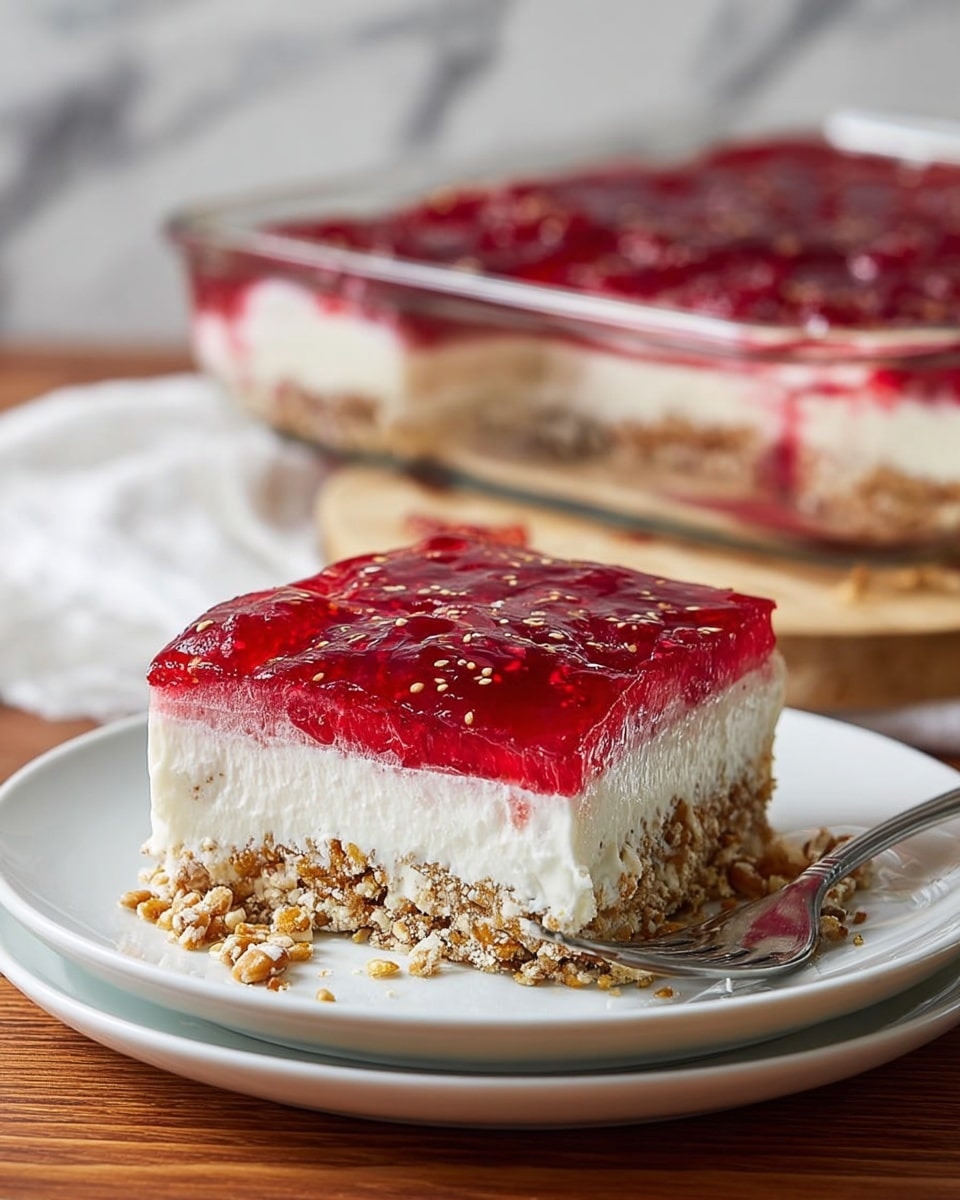 A square slice of dessert with three clear layers sits on a white plate over another white plate; the bottom layer is a crumbly, tan crust with bits of nuts or pretzels, the middle layer is a thick, smooth, white creamy filling, and the top layer is a glossy, bright red jelly with visible seeds or fruit pieces inside. In the background, a glass baking dish filled with the same dessert rests on a wooden surface with a white cloth nearby, all set against a white marbled texture. A fork lies next to the plates on the wooden surface. photo taken with an iphone --ar 4:5 --v 7