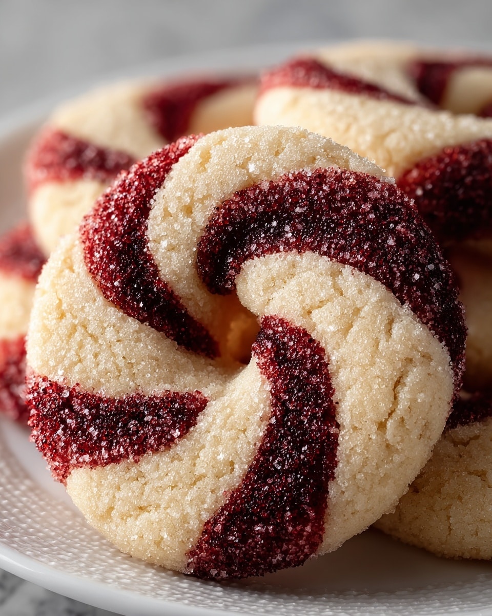 The image shows a close-up of round cookies shaped like wreaths, with two thick swirled layers: one creamy beige and one dark red. Each layer has a rough sugar coating that sparkles under soft light, making the texture look slightly grainy. The cookies are on a white plate with a fine textured surface, and the background has a smooth white marbled texture. The swirl pattern makes the cookies look like candy canes in shape and colors. Photo taken with an iphone --ar 4:5 --v 7