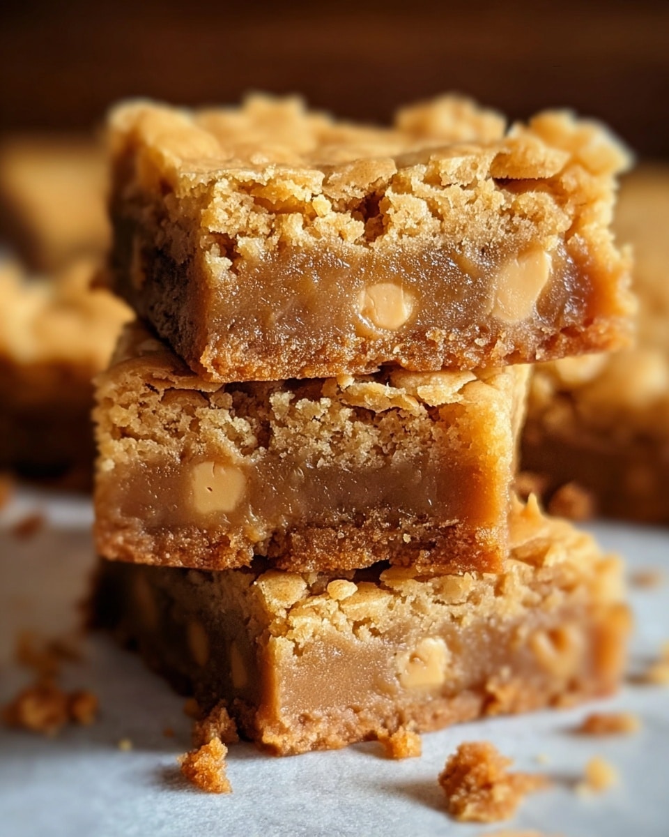 The image shows a close-up of three stacked blondie squares with a crumbly, slightly cracked golden-brown top layer. Each square has a dense, gooey middle layer filled with light caramel-colored butterscotch chips evenly spread inside. The edges of the blondies look firm but moist, and the surface texture is coarse with some small crumbs scattered around. The background is softly blurred, making the blondies the clear focus of the image. photo taken with an iphone --ar 4:5 --v 7