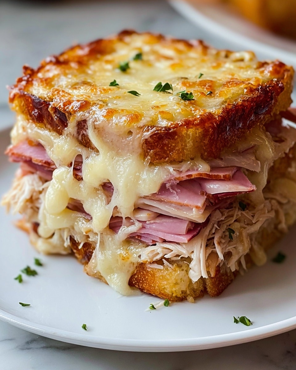 The image shows a close-up of a thick, layered sandwich on a white plate placed on a white marbled surface. Starting from the bottom, there is a base layer of toasted bread with a golden-brown crust, followed by a layer of thinly sliced, pinkish ham. Above the ham is a generous layer of shredded white turkey or chicken, topped with another slice of ham. The sandwich is covered with a thick layer of melted cheese that is golden and bubbly, stretching slightly from the sandwich, giving a gooey texture. The sandwich edges show the layers clearly, with the cheese layer appearing slightly browned and crispy on top. Small green herbs are sprinkled on the melted cheese, adding a touch of color. Photo taken with an iphone --ar 4:5 --v 7