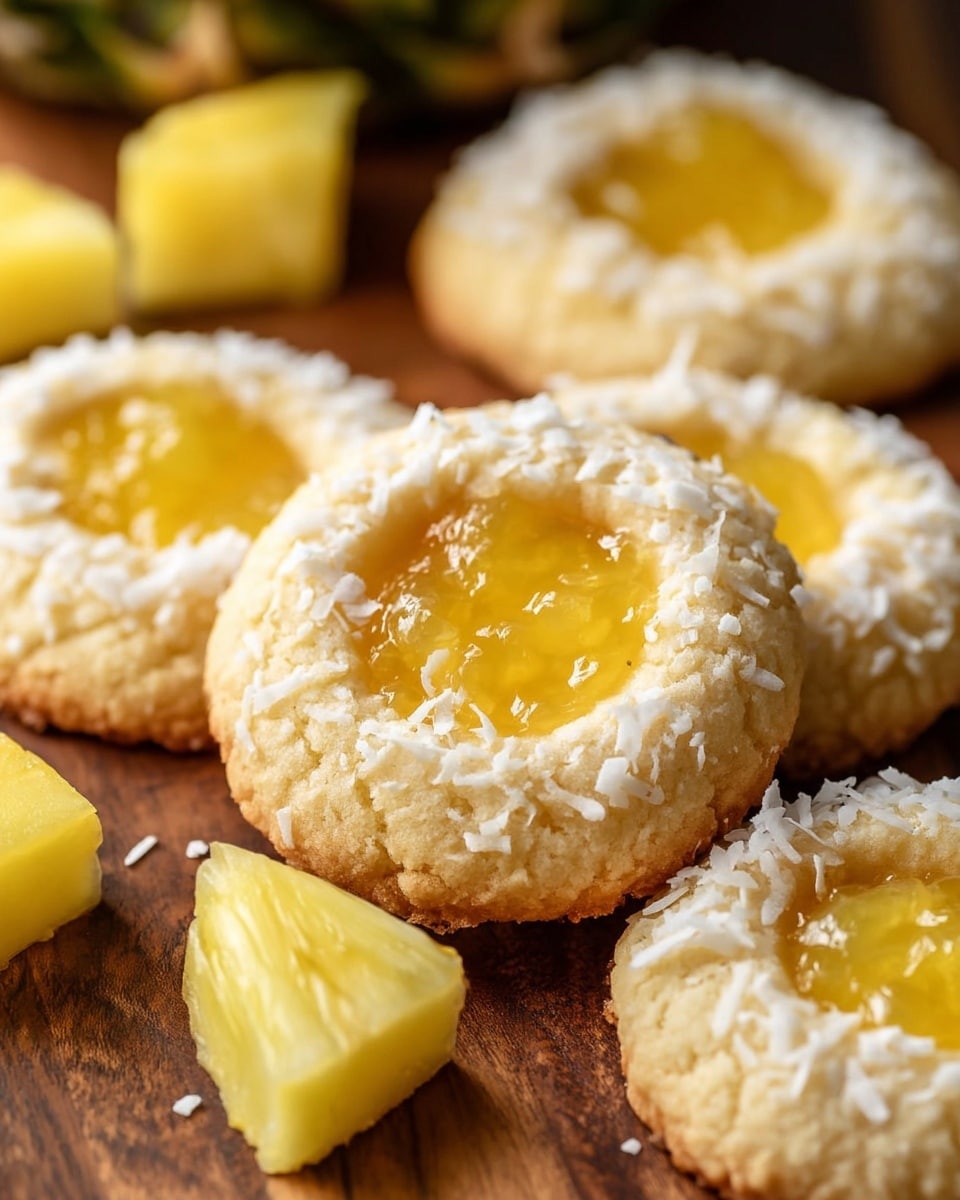 The image shows several round thumbprint cookies with a soft, crumbly texture and a golden color. Each cookie has a deep center filled with shiny, smooth yellow pineapple jam. Around the jam on the edges of the cookies, white shredded coconut is lightly sprinkled, adding texture and contrast. In the background, there are small chunks of fresh pineapple, bright yellow with a juicy look. The cookies are placed on a wooden surface with a rich brown color, contrasting with the yellow and white of the cookies and pineapple. photo taken with an iphone --ar 4:5 --v 7