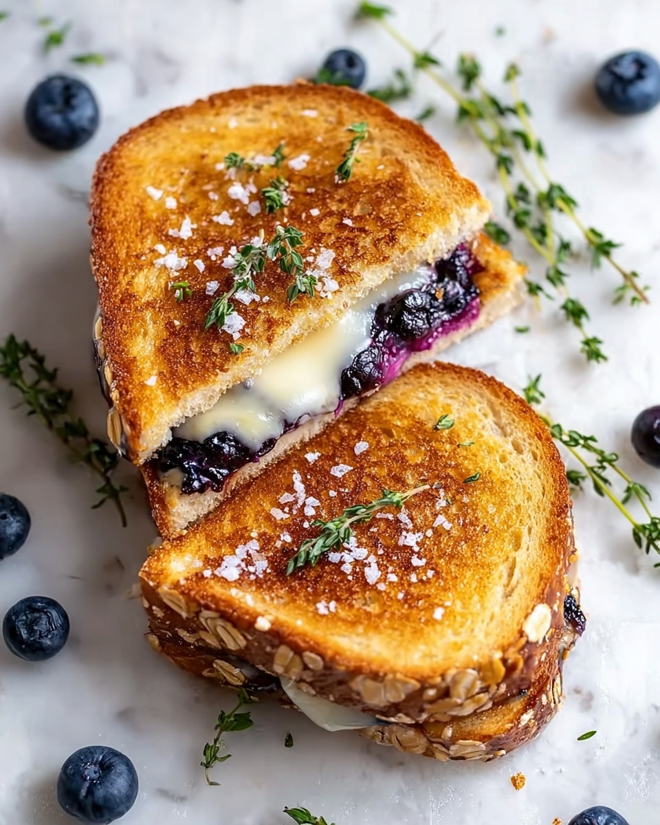 The image shows a grilled sandwich cut into two halves placed on white marbled surface. The sandwich is made with golden-brown toasted bread, with a crispy texture and some oat grains visible on the crust. Inside, there are two layers: melted white cheese on top and a layer of dark purple blueberries underneath. The top of the sandwich is sprinkled with coarse sea salt crystals and fresh green thyme leaves, adding a fresh touch. Around the sandwich, loose blueberries and thyme sprigs are scattered to enhance the visual appeal. Photo taken with an iphone --ar 4:5 --v 7