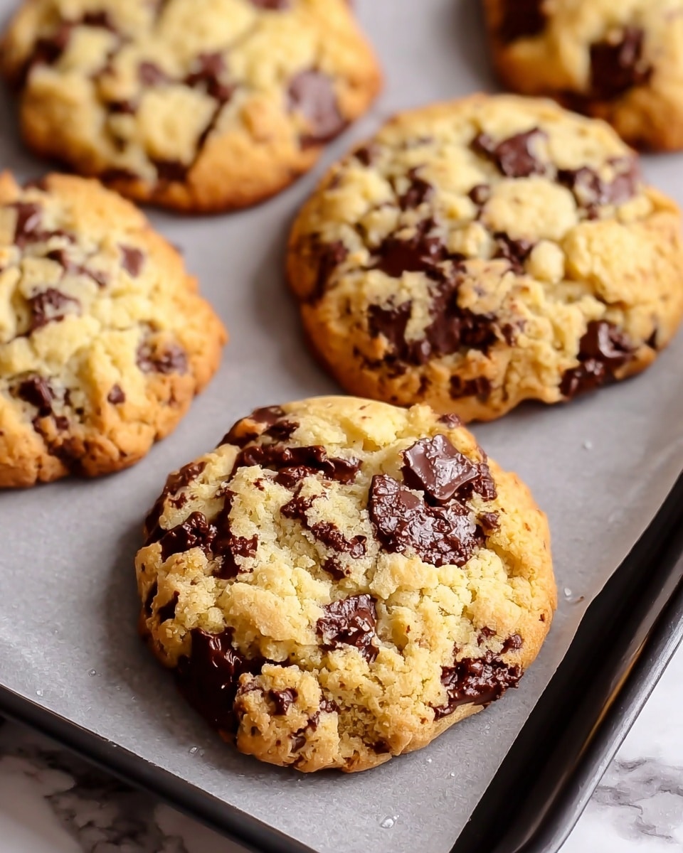 The image shows four thick, golden-baked chocolate chip cookies on a baking tray lined with parchment paper. Each cookie has a rough, bumpy texture with visible large and small dark brown chocolate chunks spread unevenly throughout. The cookies have a slightly cracked surface, highlighting their soft and chewy inside, with a light golden-brown edge. The baking tray is black, and the surface underneath has a white marbled texture. The focus is on the front cookie, capturing the rich texture and chunks clearly. Photo taken with an iphone --ar 4:5 --v 7