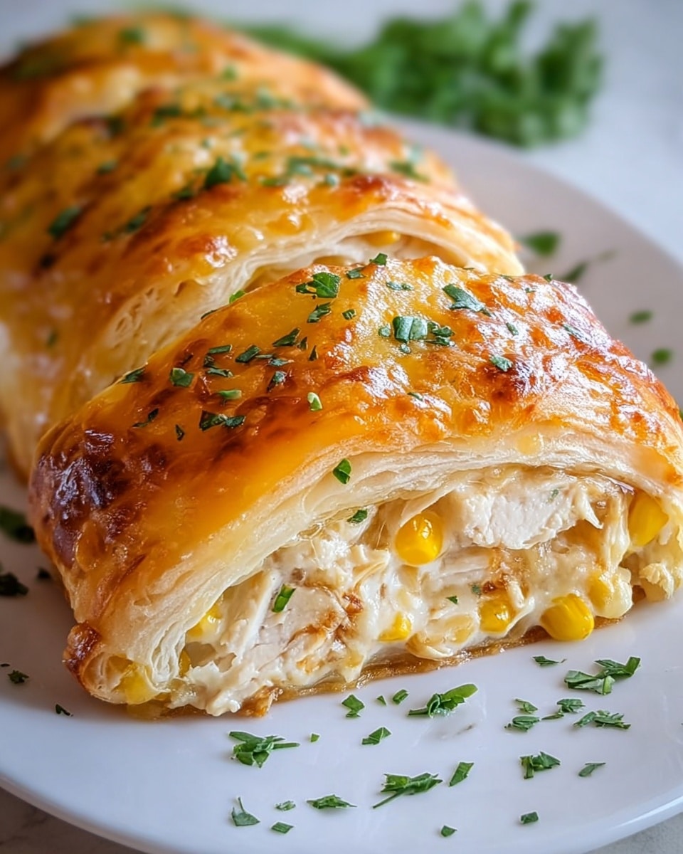 The image shows a close-up of a flaky golden-brown pastry roll with a shiny, melted cheese top that is slightly browned and sprinkled with small green herb pieces. The roll is sliced to reveal a soft, creamy filling made up of white shredded chicken mixed with yellow corn kernels. The outer crust looks crisp and light, while the inside layers are soft and moist. The roll sits on a white plate with scattered green herbs around it, all on a white marbled surface. Photo taken with an iphone --ar 4:5 --v 7