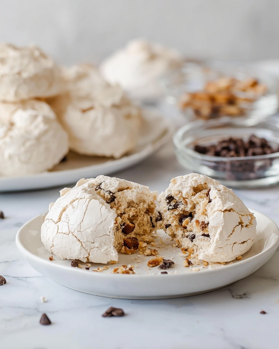 This image shows two cracked white meringue cookies with a rough, cracked texture on a white plate placed on a white marbled surface. One cookie is whole with a slightly bumpy and uneven surface, while the other is broken open to reveal an inside filled with light beige crumbly dough mixed with chocolate chips and nuts. The cookies have a dry, airy look and some crumbs and chocolate chips scattered around them. In the soft-focus background, there is a white plate filled with more meringue cookies and glass bowls with chocolate chips and nuts. Photo taken with an iphone --ar 4:5 --v 7