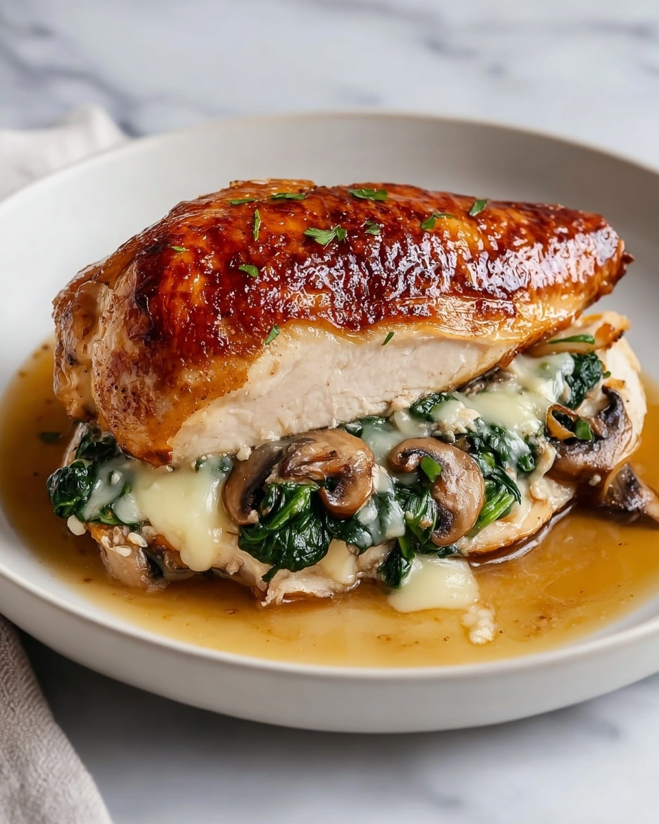 A white plate holds a stuffed chicken breast with three visible layers. The bottom layer shows cooked light beige chicken, firm and juicy. On top of this is a filling layer of dark green cooked spinach and brown sliced mushrooms mixed together, along with melted pale yellow cheese that softly oozes out. The top layer is a shiny, golden brown chicken skin, browned to a crisp texture with a slightly caramelized look. The dish sits in a light brown sauce that pools around the base, creating a glossy finish. The setting has a white marbled texture underneath. photo taken with an iphone --ar 4:5 --v 7