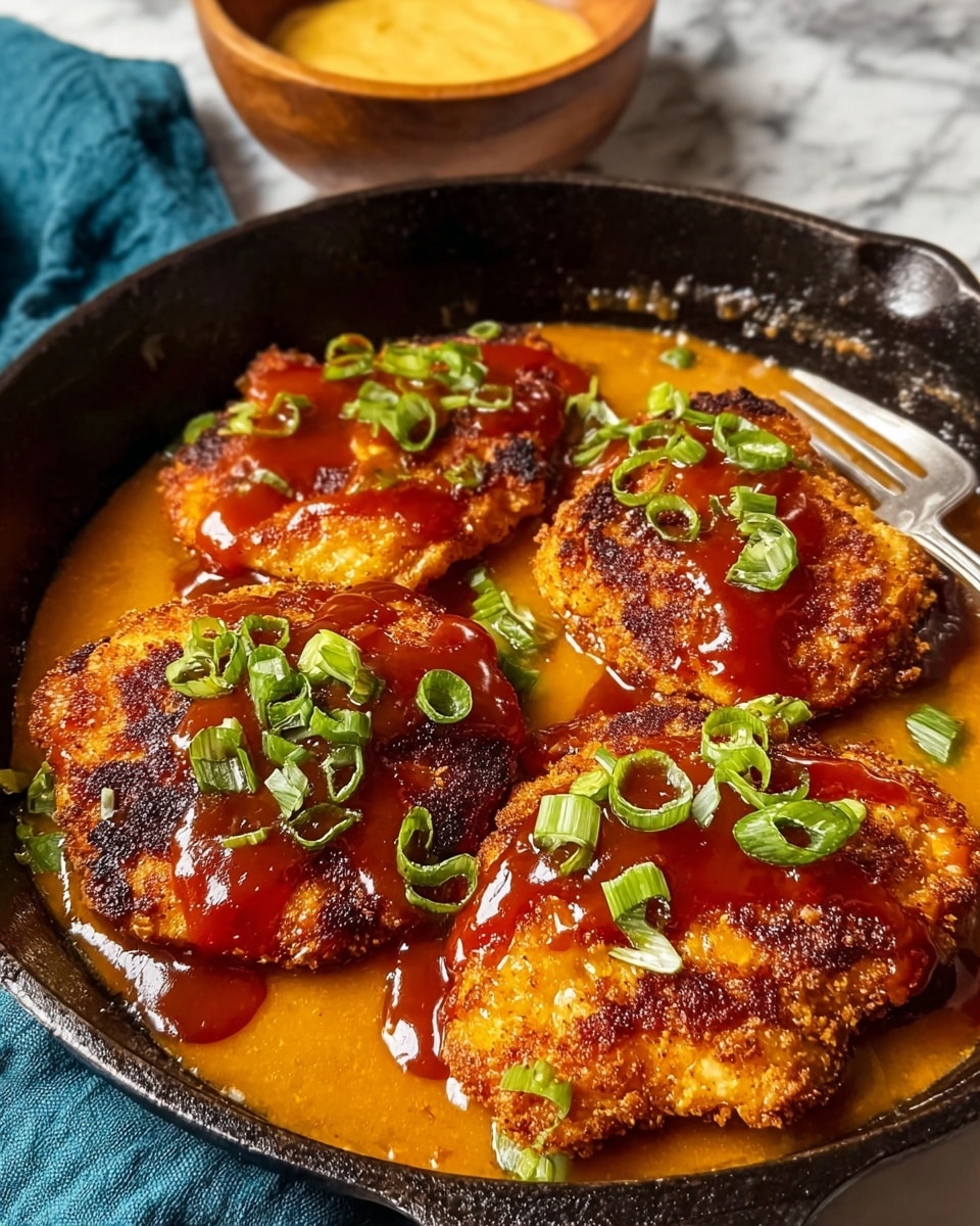 The image shows four golden-brown fried chicken pieces arranged in a black cast iron skillet filled with a thick orange-brown sauce. Each chicken piece is drizzled with a shiny red sauce and topped with bright green chopped scallions scattered evenly. The skillet sits on a white marbled surface with a blue cloth and a wooden bowl of creamy yellow sauce blurred in the background. A silver fork rests on the edge of the skillet, adding to the rustic presentation. photo taken with an iphone --ar 4:5 --v 7