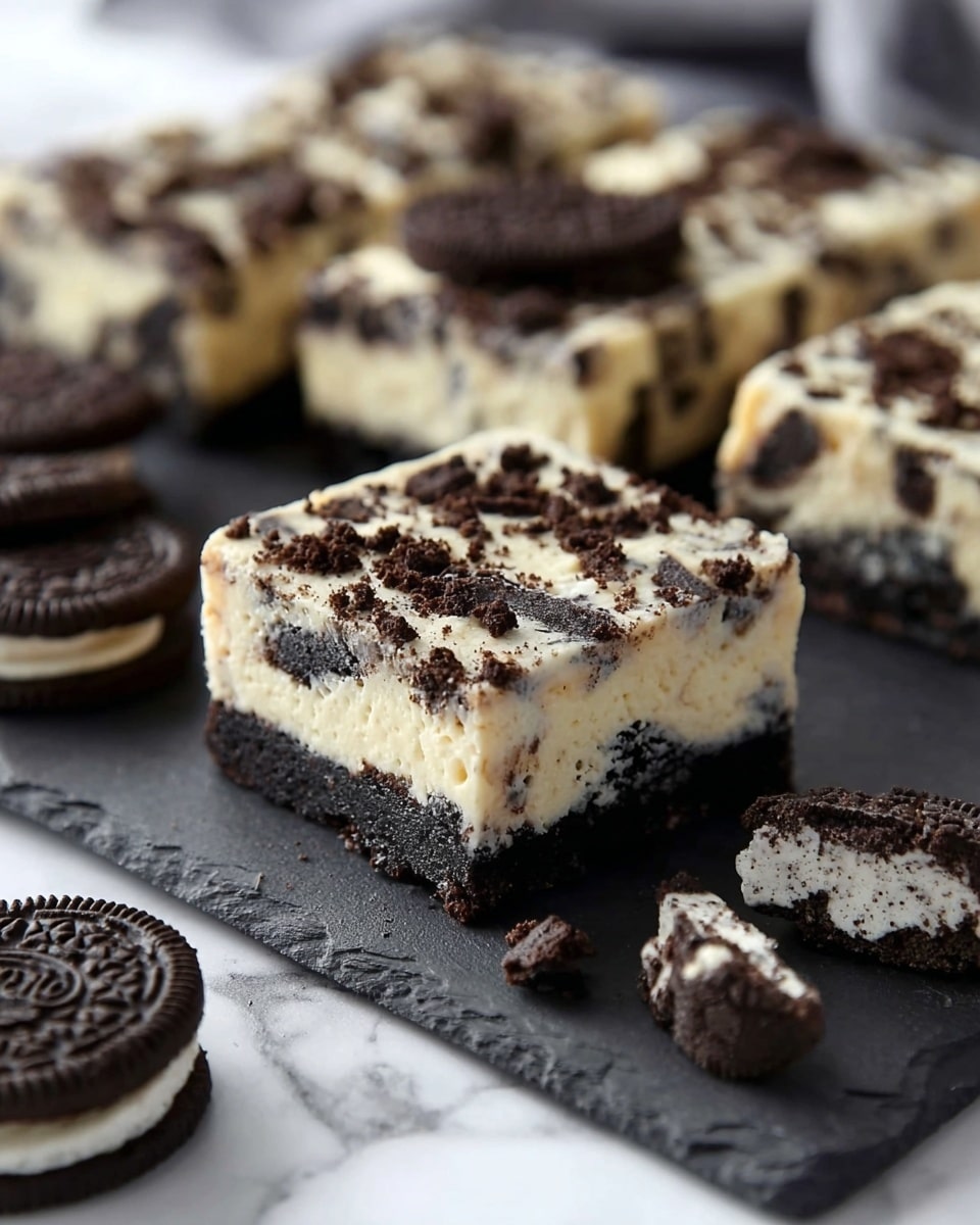 The image shows a square piece of cookies and cream cheesecake bar resting on a black slate surface, against a white marbled texture. The dessert has two visible layers: a bottom crust layer that is dark chocolate black, firm, and crumbly, and a thick creamy top layer that is off-white with mixed-in crushed and larger chunks of dark black cookies scattered throughout and on top. Around the cheesecake bar, there are whole and partly opened chocolate sandwich cookies with white cream filling visible. In the blurred background, more cheesecake bars with similar layers sit on the slate. The overall look is rich and textured with a contrast of light cream and dark cookie bits. Photo taken with an iphone --ar 4:5 --v 7