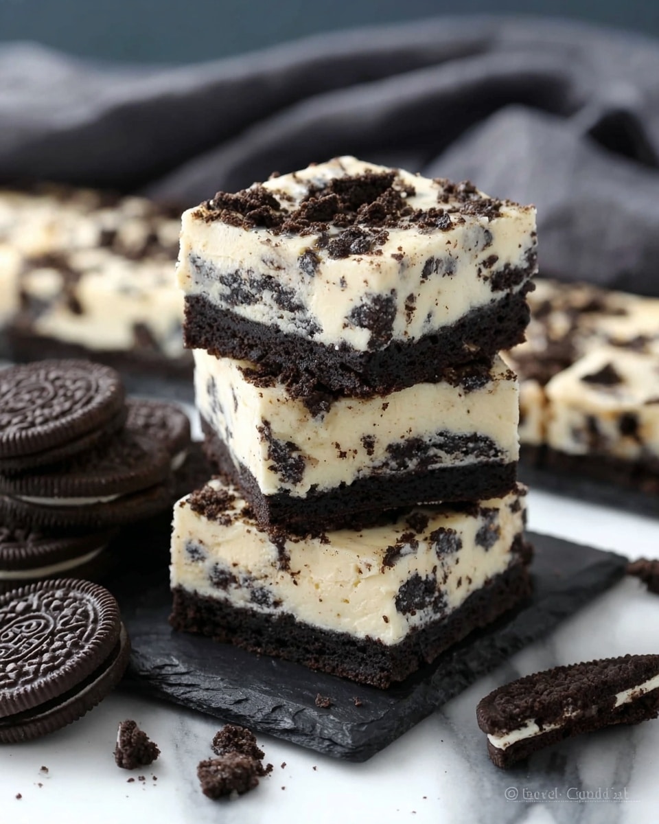 A stack of three square dessert bars sits on a black slate board placed on a white marbled surface. Each bar has three visible layers: a bottom dark chocolate cookie base, a thick middle creamy white layer filled with crushed dark cookie bits, and a top creamy white layer with larger chunks of dark cookie pieces sprinkled across it. Around the slate board are whole dark chocolate sandwich cookies, one opened to show its white filling. In the background, a soft dark fabric is softly draped. The texture of the bars looks smooth and rich, with the crunchy cookie pieces adding contrast. photo taken with an iphone --ar 4:5 --v 7
