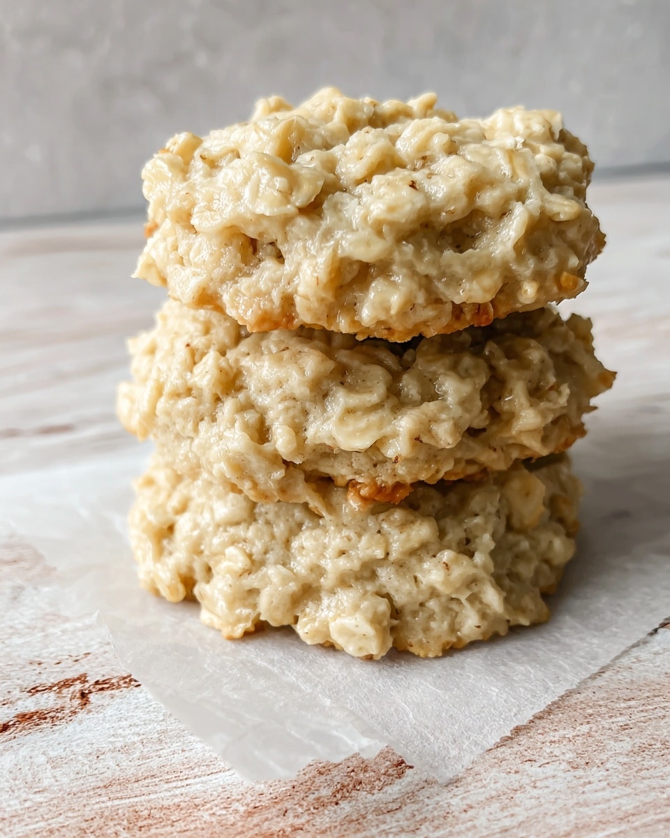 A stack of three thick, chunky oatmeal cookies sits on a piece of white wax paper. Each cookie is pale beige with a rough, textured surface made up of oats and a slightly creamy mixture that clumps together. The cookies look soft and moist, with edges that are uneven and natural. The stack is placed on a white marbled surface with gentle brown and grey streaks. photo taken with an iphone --ar 4:5 --v 7