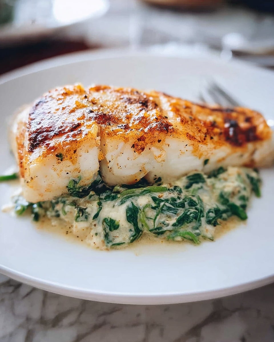 A white plate holds a piece of cooked fish that is golden brown on top with darker brown grill marks, and a creamy white spinach mixture with green spinach leaves sits beside the fish, slightly spilling out from underneath it. The plate rests on a white marbled surface with a glimpse of a fork visible in the background. photo taken with an iphone --ar 4:5 --v 7
