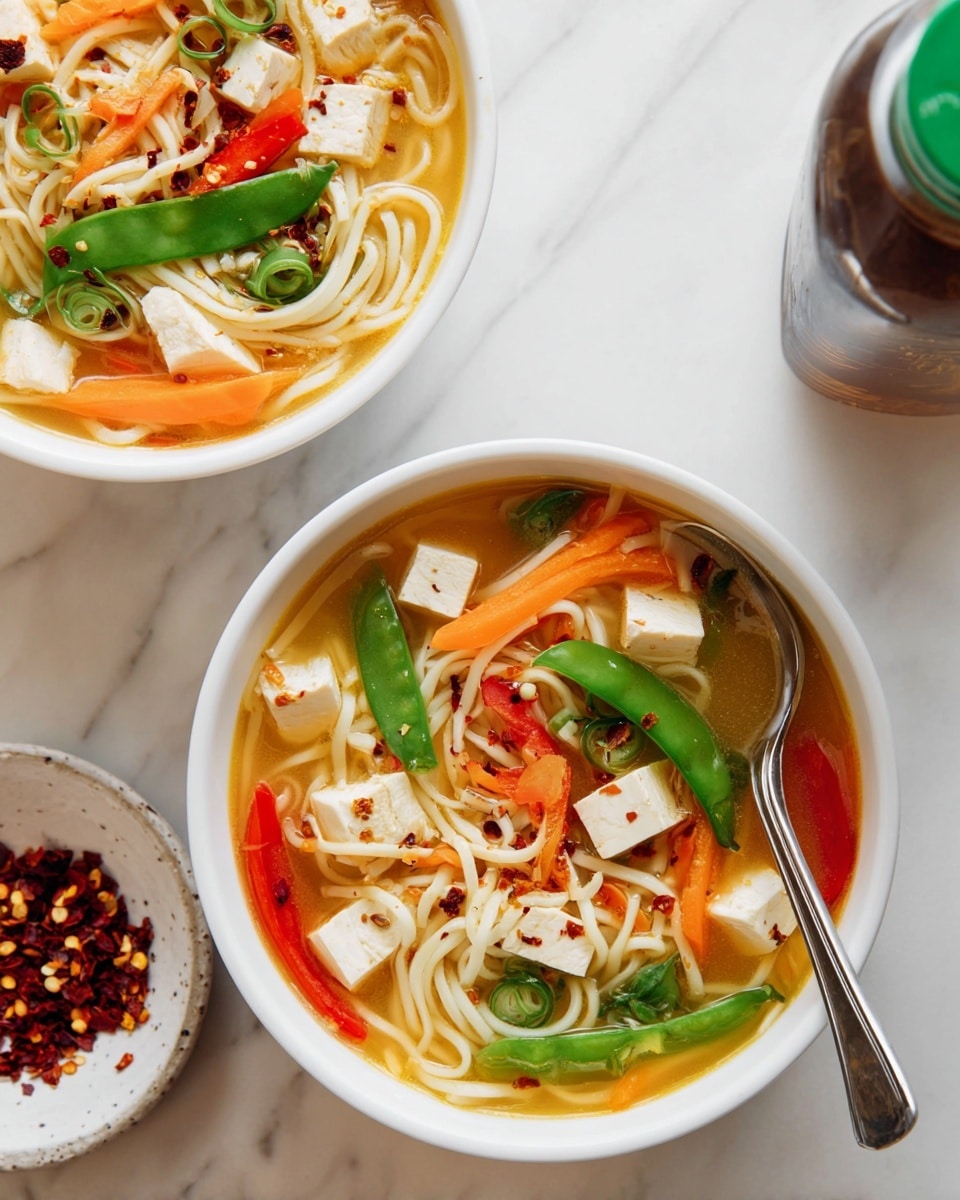 A white pot filled with a clear yellow broth containing long beige noodles, green snap peas, white cubes of tofu, thin orange carrot strips, and red bell pepper strips; a woman's hand is pouring a creamy light yellow sauce from a glass measuring cup into the pot. The pot sits on a white marbled surface. photo taken with an iphone --ar 4:5 --v 7