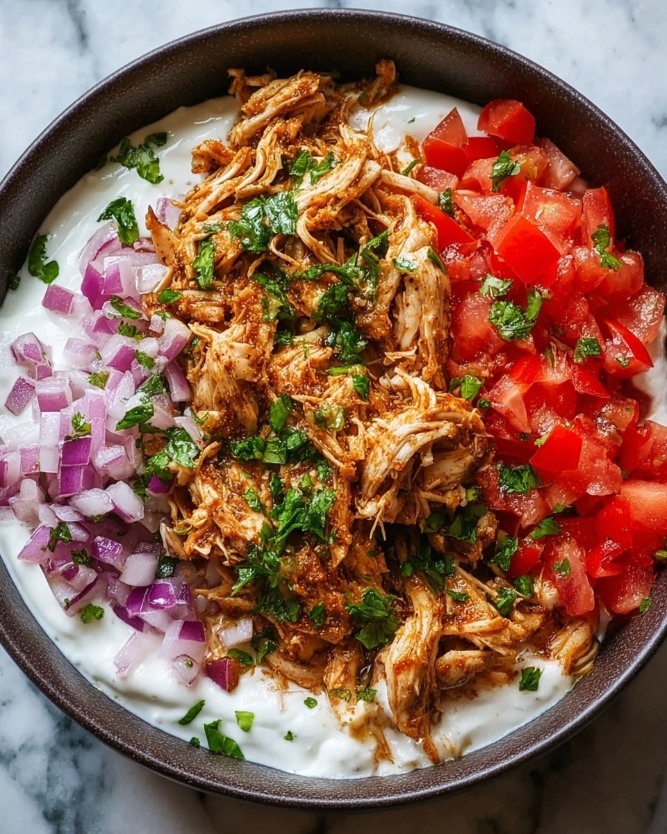 The image shows a close-up view of a dish served in a deep white bowl. The base layer is a thick white yogurt sauce covering the bottom. On top, there are three separate sections: finely chopped purple onions on one side, bright red diced tomatoes on the other, and shredded cooked chicken in the middle. The chicken is seasoned with spices and has small green herb pieces sprinkled all over. The overall look is fresh with distinct colors and textures, and the bowl is placed on a white marbled surface. photo taken with an iphone --ar 4:5 --v 7