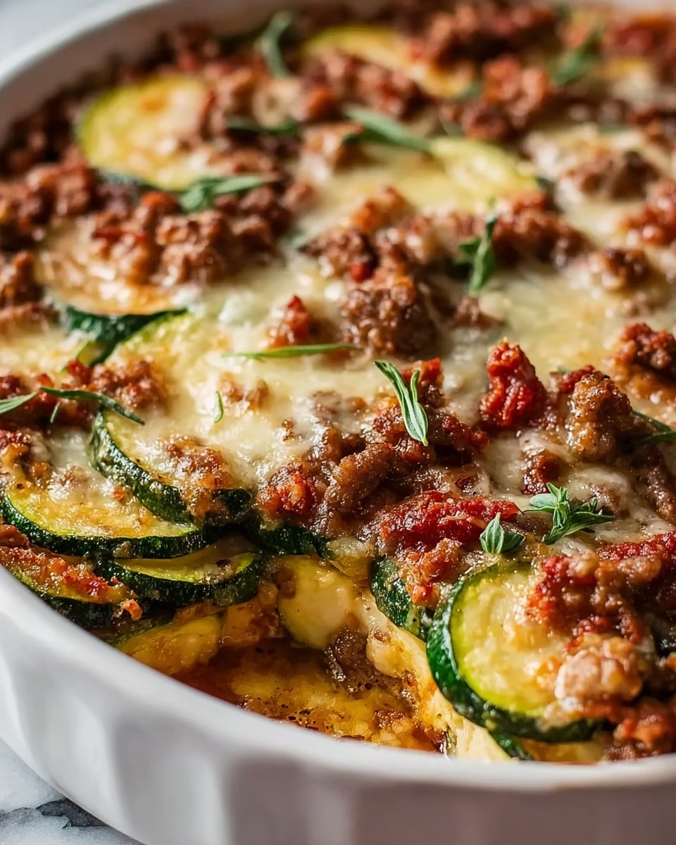 The image shows a close-up of a baked casserole in a white dish with layers visible. The bottom layer consists of round, green zucchini slices with a smooth texture. Above that, there are crumbled browned sausage pieces with a coarse texture, scattered unevenly. A melted, golden cheese layer covers parts of the dish, blending with the sausage and zucchini. Small green herb sprigs are sprinkled on top, adding a fresh touch. The casserole looks moist and slightly oily, with a golden-brown crust formed by the cheese and sausage. The dish sits on a white marbled surface. photo taken with an iphone --ar 4:5 --v 7