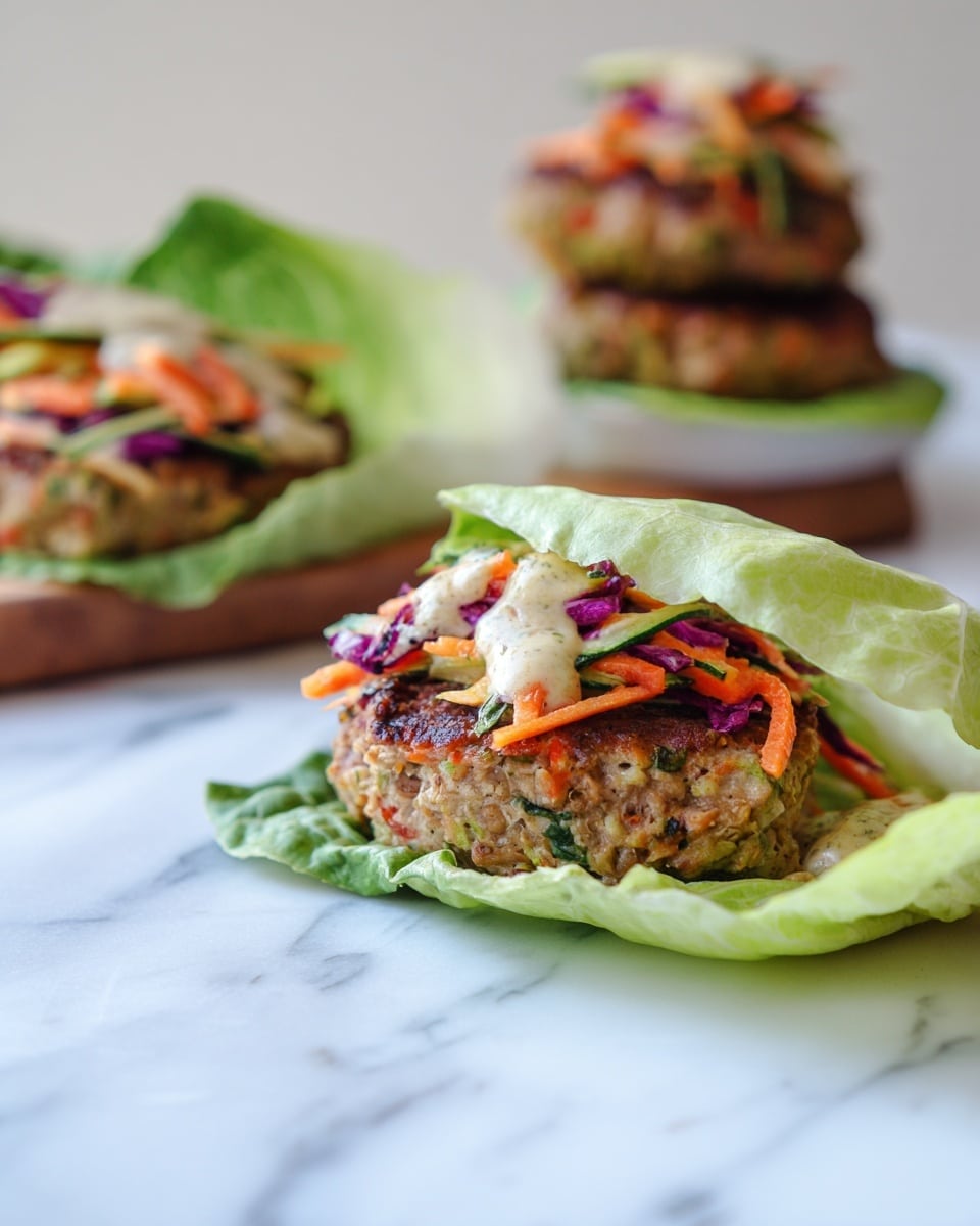The image shows a close-up of a lettuce wrap sandwich with three main visible layers. The bottom layer is light green cabbage leaf, soft and fresh, folding up to hold the filling. The middle layer is a thick, dense turkey patty with small bits of orange carrot mixed inside, cooked to a light brown color. The top layer consists of shredded mixed vegetables, including purple cabbage, orange carrot, and possibly zucchini, with a light drizzle of creamy sauce on top. In the background, there are two more turkey patties stacked on top of each other on a white marbled surface, with another lettuce wrap out of focus. The overall color palette is earthy and fresh, highlighting the natural textures of the ingredients. photo taken with an iphone --ar 4:5 --v 7