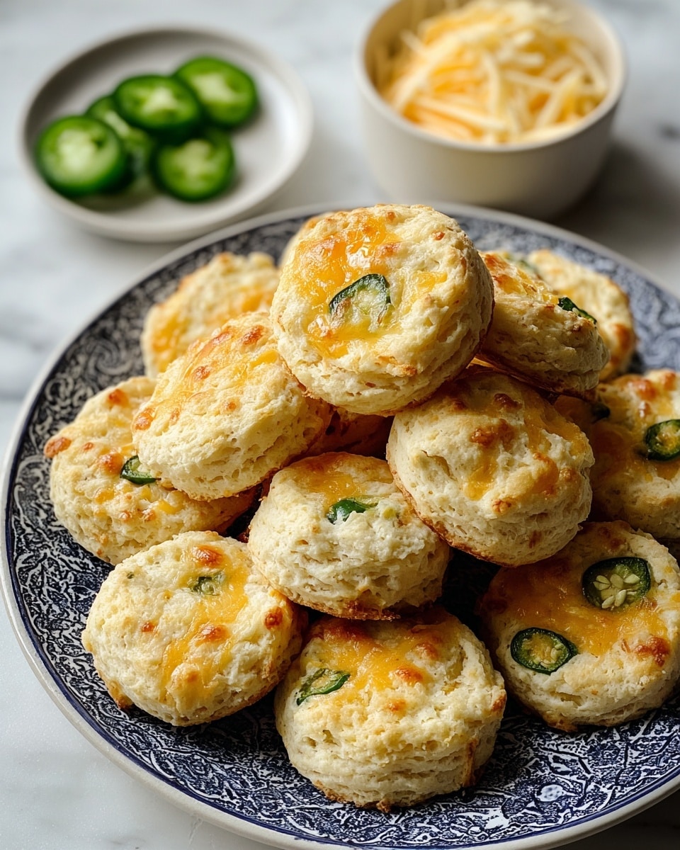 A pile of small round savory biscuits is stacked on a white plate with a blue intricate pattern, placed on a white marbled surface. Each biscuit has a golden-brown top with small bubbles of melted cheddar cheese, and visible slices of green jalapeño peppers embedded within the crumbly, light-textured dough. The biscuits show a slight crispness on the edges with a soft, moist center. In the top right corner of the plate, a white bowl contains shredded light-yellow cheese and two sliced green jalapeños. photo taken with an iphone --ar 4:5 --v 7