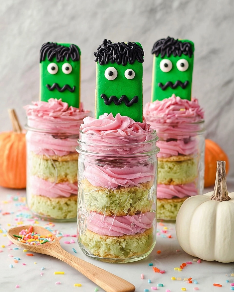 Three clear glass jars show layered desserts sitting on a white marbled surface with scattered colorful sprinkles. Each jar has three layers of light green cake alternating with thick swirls of bright pink frosting. On top of each jar stands a green rectangular cookie decorated with black icing to form a face with big white and black eyes and a wavy mouth, resembling a spooky character. The cookies have a textured surface and black icing as hair on top. Behind the jars, a small white pumpkin and a wooden spoon add to the scene. Photo taken with an iphone --ar 4:5 --v 7