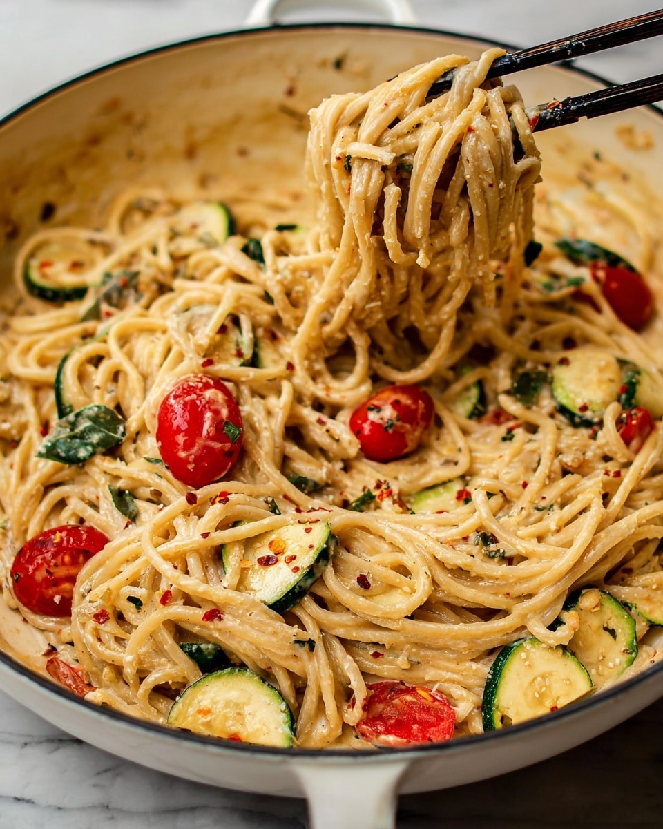 A black pan filled with creamy pasta topped with green leafy vegetables and sprinkled with crushed nuts. The pasta is light beige and looks smooth and saucy, with long noodles twisted around a fork held by a woman's hand above the pan. The pan rests on a striped cloth over a white marbled surface, with white salt and oil containers blurred in the background. Photo taken with an iphone --ar 4:5 --v 7