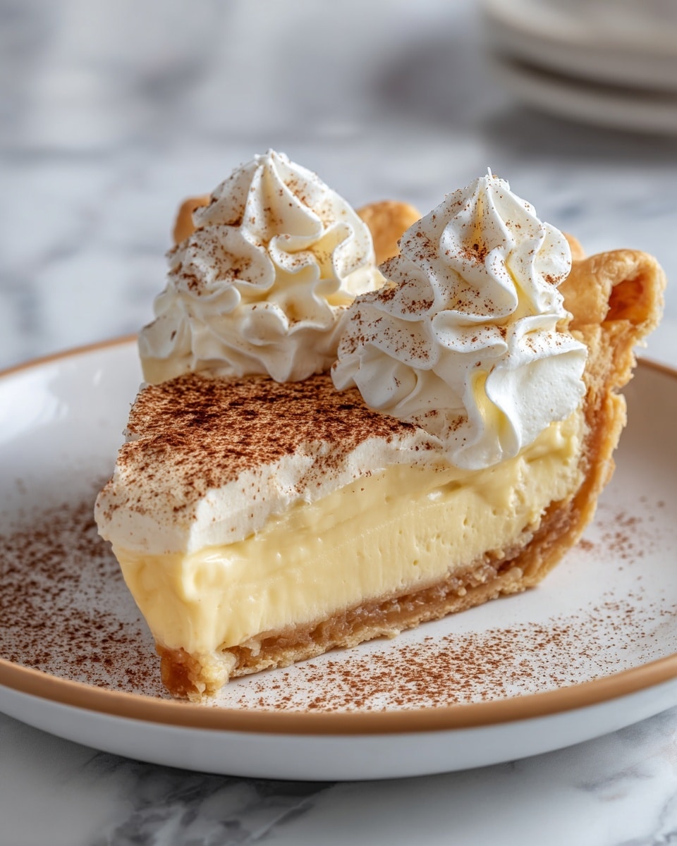 A slice of pie with three main layers is shown on a white plate with a light brown rim. The bottom layer is a golden, flaky crust with crimped edges. The middle layer is a smooth, creamy pale yellow filling, which looks soft and slightly glossy. The top layer is sprinkled with a fine dusting of brown cinnamon or spice, covering most of the filling. On top of the slice, there are two dollops of white whipped cream with soft, swirled peaks, each lightly dusted with the same brown cinnamon or spice. The plate is placed on a white marbled surface with a blurred background. photo taken with an iphone --ar 4:5 --v 7