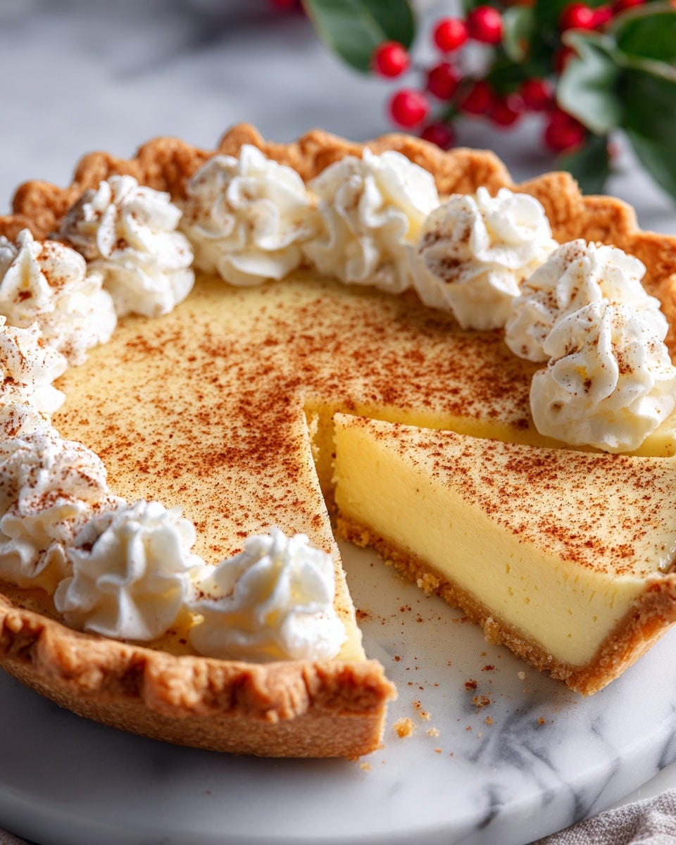 This image shows a pie with a golden-brown crust that is thick and crimped around the edges. Inside the crust, there is a creamy, pale yellow custard filling that looks smooth and slightly glossy. The top of the pie is lightly dusted with a brown spice, likely cinnamon or nutmeg. Around the edge of the pie, there are eight evenly spaced dollops of white whipped cream, each with a light sprinkle of the same brown spice on top. One slice of the pie is cut and pulled slightly away, showing the layers clearly: the crust on the bottom, the thick custard in the middle, and whipped cream on top. The pie is placed on a white marbled surface with some blurred greenery and red berries in the background, giving it a festive look. photo taken with an iphone --ar 4:5 --v 7
