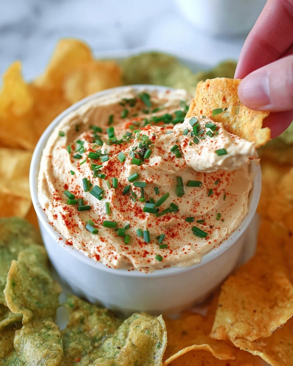 A white bowl filled with creamy, light beige dip topped with bright green chopped chives and sprinkled with red paprika powder. Around the bowl, there are green and yellow mottled chips arranged casually. A woman's hand is holding one chip dipped with a thick layer of smooth dip, showing the green chives and red paprika on the dip. The background is a white marbled texture. photo taken with an iphone --ar 4:5 --v 7