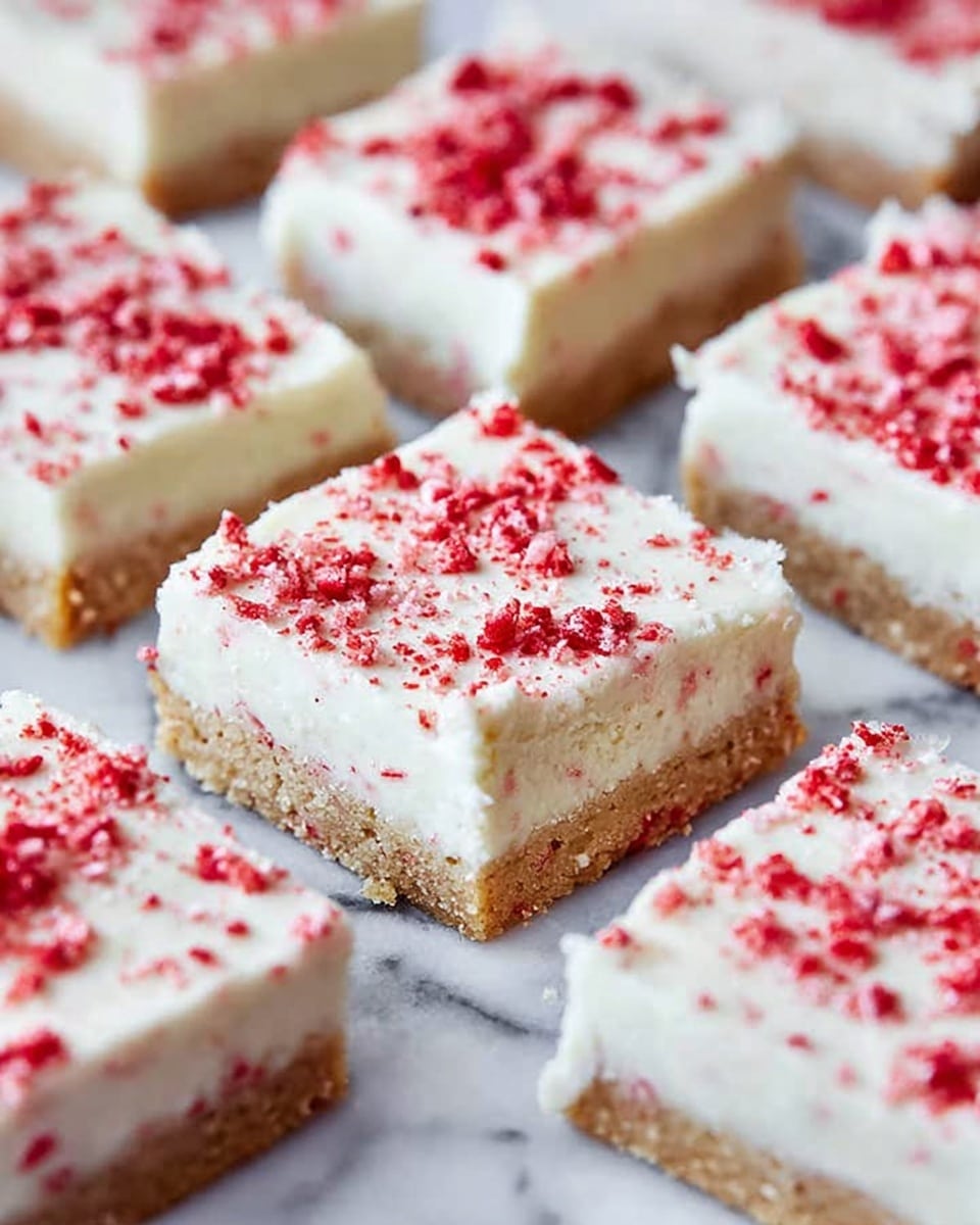 The image shows several square dessert bars arranged close together on a white marbled surface. Each bar has two layers: a bottom layer that is light brown with a slightly crumbly texture and a top layer of thick, smooth white frosting. The frosting is evenly spread, and the top is sprinkled with small pieces of crushed red candy, adding a contrasting color and texture. The bars are cut neatly with clean edges. photo taken with an iphone --ar 4:5 --v 7