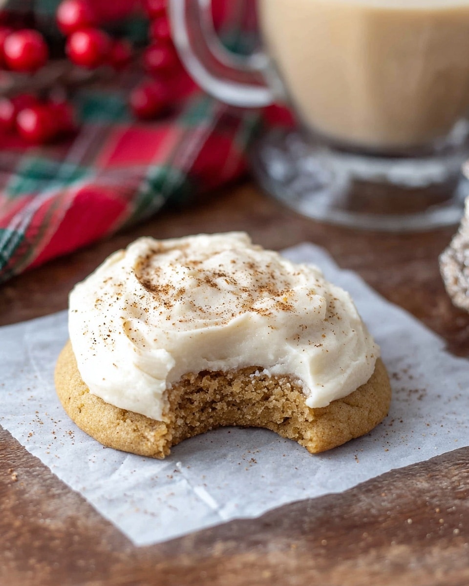 A close-up image of a single cookie placed on a small piece of white parchment paper on a brown wooden surface. The cookie has two layers: a thick, soft light brown base with a nibbled bite taken out, revealing a moist, crumbly texture inside, and a generous layer of creamy, off-white frosting on top, dusted lightly with fine brown spice powder. In the blurred background, there is a clear glass mug with a creamy beverage and a red and green plaid cloth with bright red berries resting on the white marbled textured surface. photo taken with an iphone --ar 4:5 --v 7