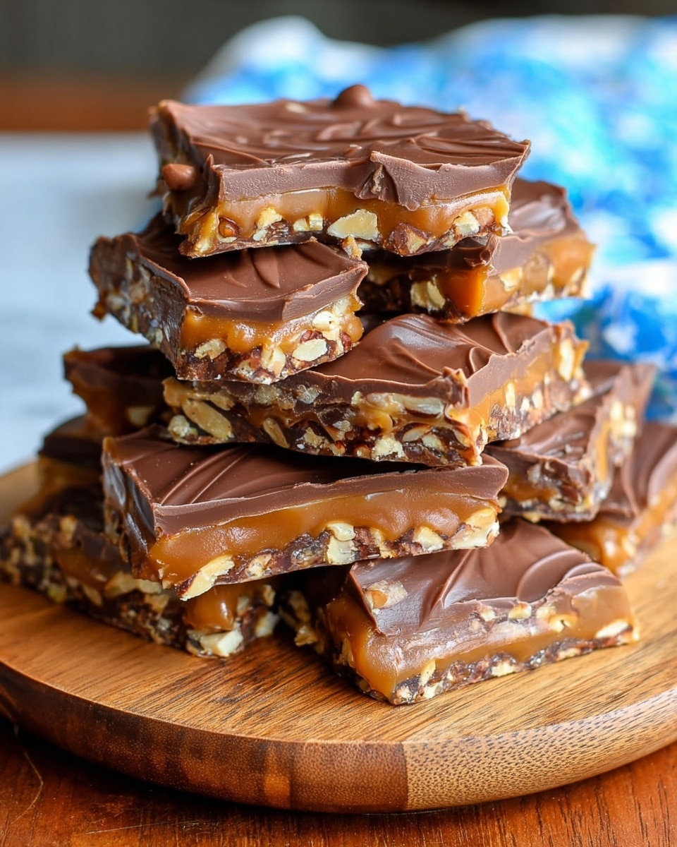 A stack of broken pieces of candy bars is arranged on a round wooden board. Each piece has three visible layers: a smooth, shiny dark brown top layer of chocolate with swirled texture; a middle caramel layer in golden brown, glossy and slightly sticky with embedded chopped nuts that add a rough texture; and a bottom layer blending with the caramel and nuts, showing bits of nut pieces throughout. The pieces are unevenly stacked, showing the layers well, all set against a white marbled textured surface with a blurred background. photo taken with an iphone --ar 4:5 --v 7