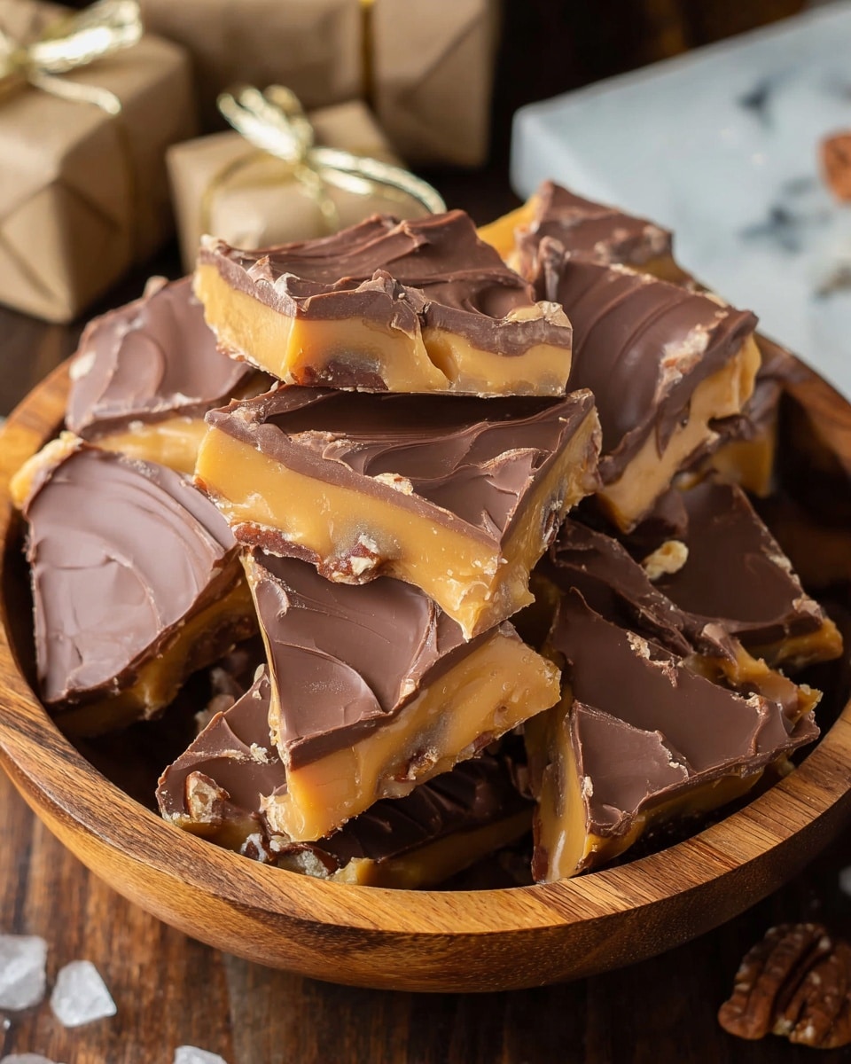 The image shows a round wooden bowl filled with triangular pieces of layered chocolate and caramel candy. Each piece has two layers: a top layer of smooth, dark brown chocolate with some gentle swirls and slight shine, and a thicker bottom layer of light golden caramel with visible bits of nuts inside. The caramel layer has a slightly rough, nutty texture beneath the glossy chocolate. The chunks are stacked unevenly, creating a rustic and inviting look. The background has small wrapped gifts and a wooden surface replaced by a white marbled texture. Photo taken with an iphone --ar 4:5 --v 7