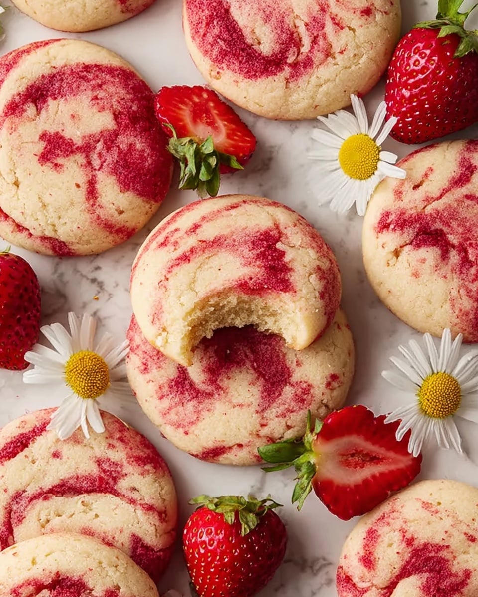 A group of soft, round strawberry swirl cookies with a light beige base and deep red marbled patterns are arranged flat on a white marbled surface. One cookie at the center shows a bite taken out, revealing a soft and crumbly inside texture. Fresh, whole and halved bright red strawberries with green leaves are scattered among the cookies, along with small white daisy flowers with yellow centers. The overall look is fresh, colorful, and inviting, with a close-up view highlighting the detailed textures of the cookies and fruit. Photo taken with an iphone --ar 4:5 --v 7