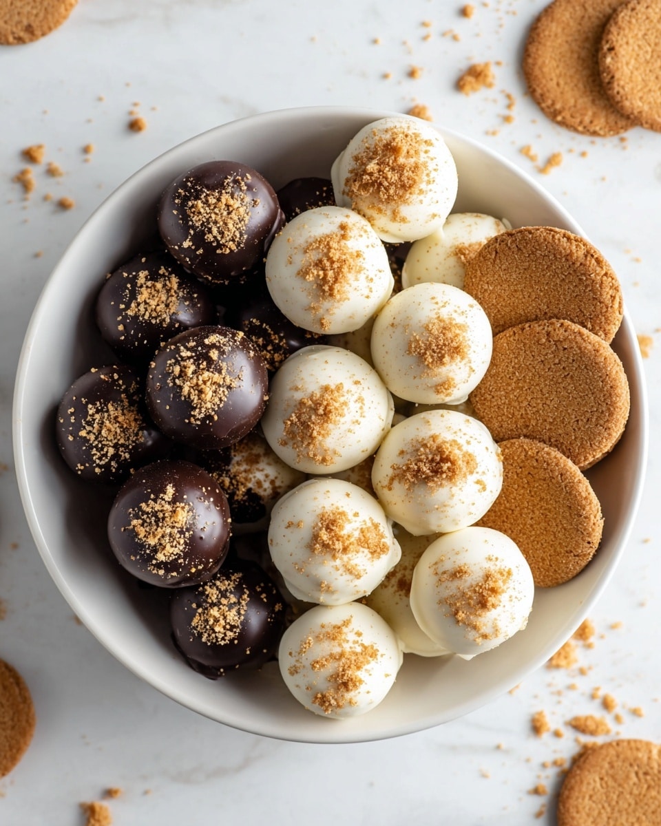 A white bowl filled with two types of round treats arranged in layers. The first layer consists of smooth dark chocolate-coated balls with a shiny texture, sprinkled with light brown crumbs on top. The second layer has white chocolate-coated balls, also sprinkled with the same light brown crumbs, giving a soft contrast to the dark ones. Around the inside edge of the bowl, several flat, round, textured brown cookies are placed, some resting against the coated balls. The bowl is set on a white marbled surface with a few crumbs scattered around. Photo taken with an iphone --ar 4:5 --v 7