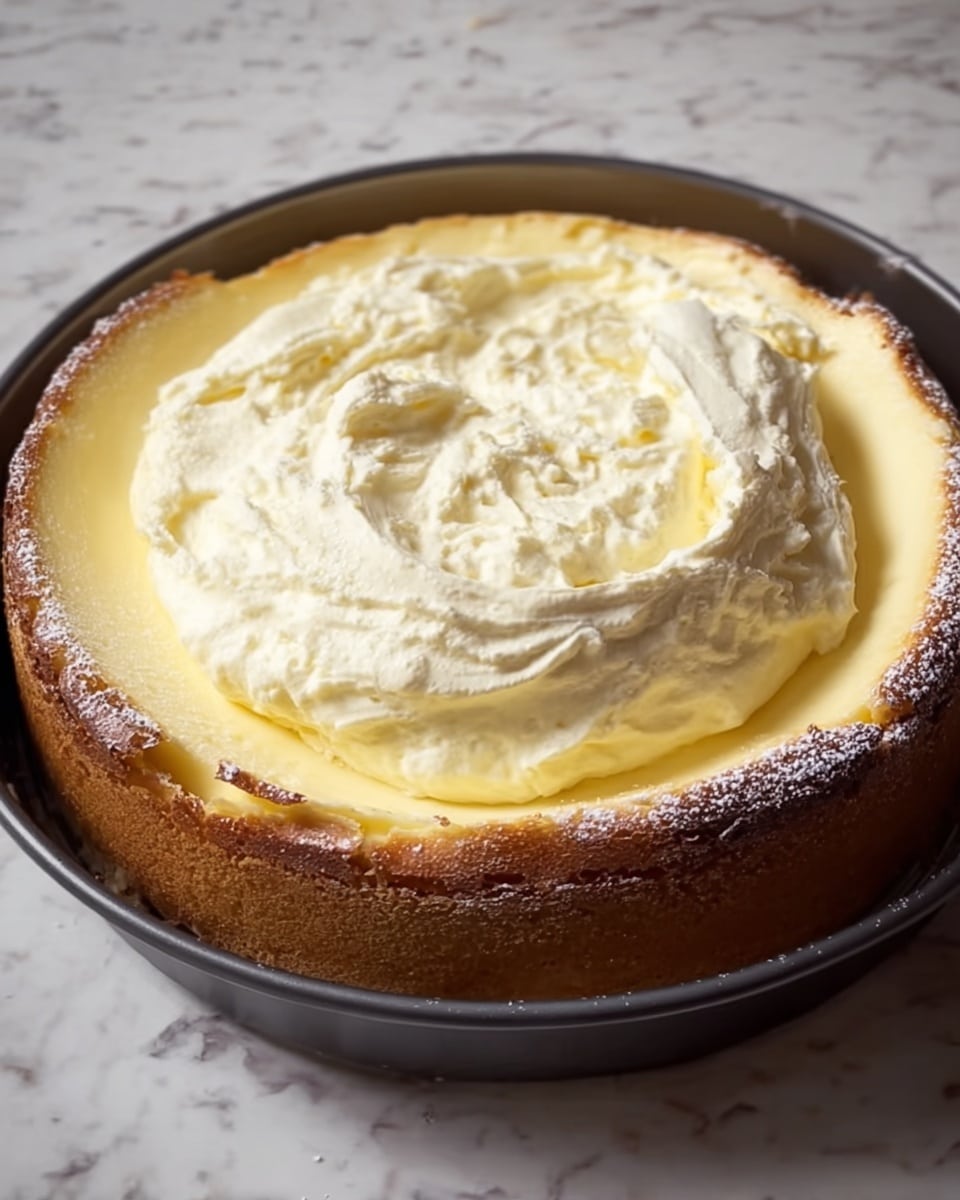 The image shows a thick, round cheesecake in a dark pan on a white marbled surface. The cheesecake has three layers: the bottom crust is light brown and firm, the middle layer is a creamy pale yellow, smooth and solid, and the top layer is a fluffy, light yellow cream spread thickly over the cake with soft peaks and swirls. The edges of the cheesecake are browned and slightly cracked, and some powdered sugar dusts the pan edge. Photo taken with an iphone --ar 4:5 --v 7