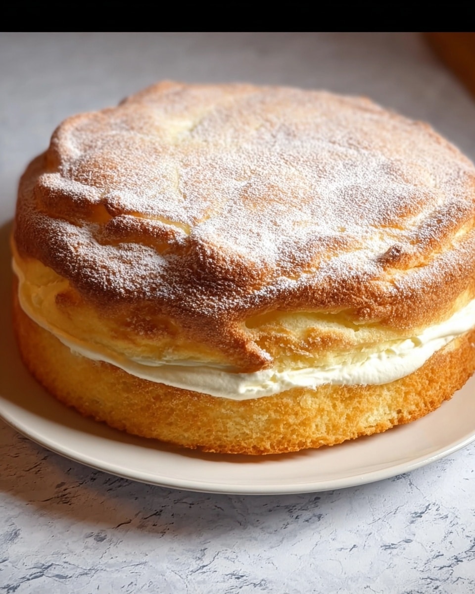 A round, two-layer cake sits on a white plate, placed on a white marbled texture. The bottom layer is golden brown with a soft, slightly crumbly texture, while a smooth, creamy white filling separates it from the similarly golden top layer that looks puffed and slightly uneven with a light dusting of powdered sugar on the surface. The cake edges are irregular and slightly cracked, giving it a homemade look. Photo taken with an iphone --ar 4:5 --v 7