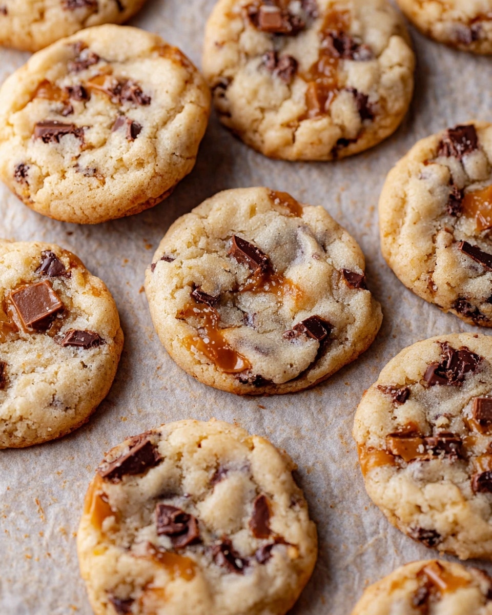 The image shows several soft, round cookies placed closely together on a textured baking paper that lies on a white marbled surface. Each cookie has a light, creamy beige base with slightly crisp, golden edges and is filled with dark brown chocolate chunks and caramel pieces that create a mix of deep brown and golden amber spots evenly spread within the dough. The cookies appear thick but soft, with some chocolate and caramel bits slightly melted, giving a glossy look to those areas. Photo taken with an iphone --ar 4:5 --v 7