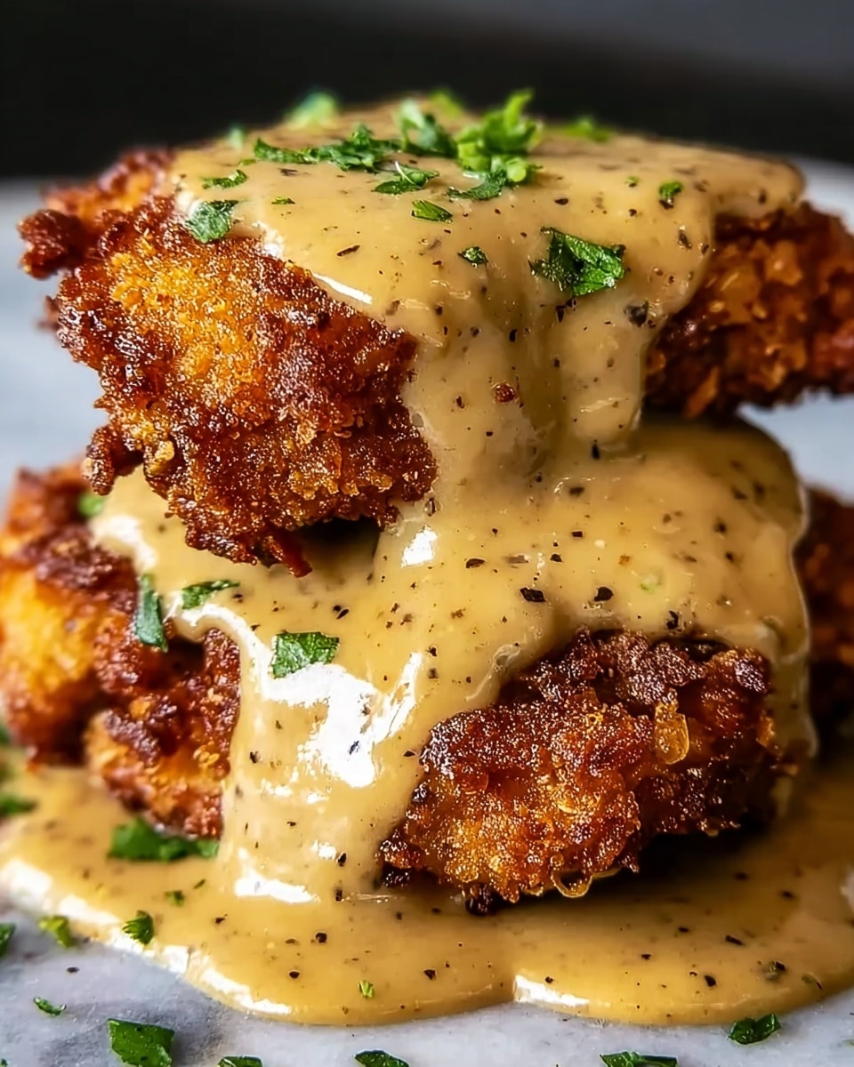 The image shows two thick layers of crispy fried chicken stacked on top of each other with a rich, smooth golden-brown sauce generously poured over them, dripping down the sides. The chicken layers have a crunchy texture with visible browned and crispy edges, while the sauce is creamy with specks of black pepper and is sprinkled with small green herb pieces on top and around. The dish sits on a white marbled surface. Photo taken with an iphone --ar 4:5 --v 7