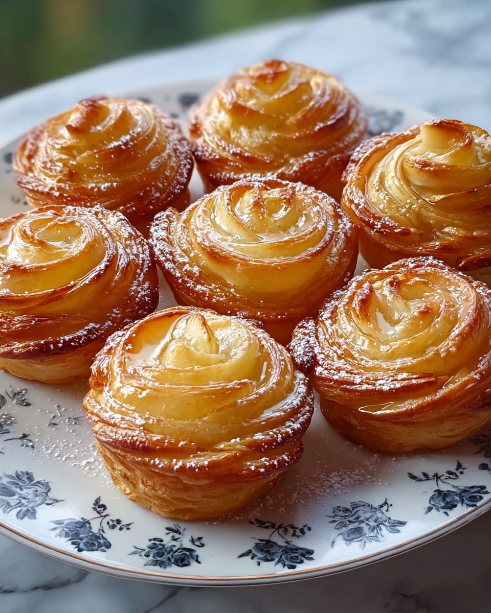 Seven rose-shaped pastries sit closely together on a white plate with delicate dark blue floral patterns along the rim. Each pastry has multiple layers of golden brown, flaky, and crisp puff pastry petals swirling outward, with shiny, slightly translucent yellow fruit slices that look like apples forming the inner layers. The tops glisten as if brushed with syrup, with a light dusting of white powdered sugar adding a gentle contrast on the warm hues. The plate rests on a white marbled surface, and soft natural light highlights the textures and colors gently. photo taken with an iphone --ar 4:5 --v 7