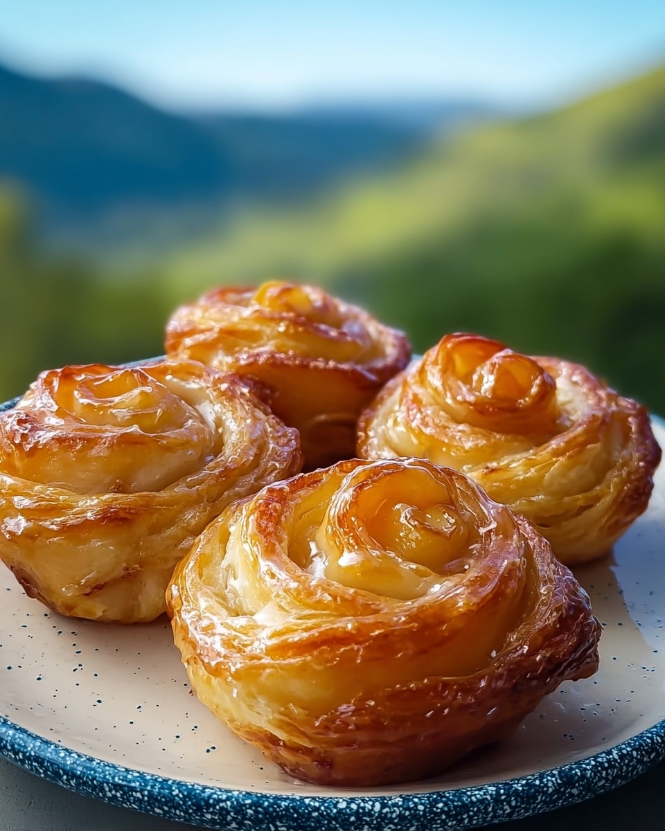 Four glazed apple rose pastries sit closely together on a white plate with a blue speckled bottom. Each pastry has multiple thin, overlapping layers of golden-brown baked dough, shaped like delicate rose petals curling outward from a center made of glossy apple slices in soft yellow and amber tones. The pastries have a shiny, sticky glaze that makes them look moist and slightly caramelized on the edges. In the background, blurred green hills under a blue sky create a peaceful outdoor setting. photo taken with an iphone --ar 4:5 --v 7