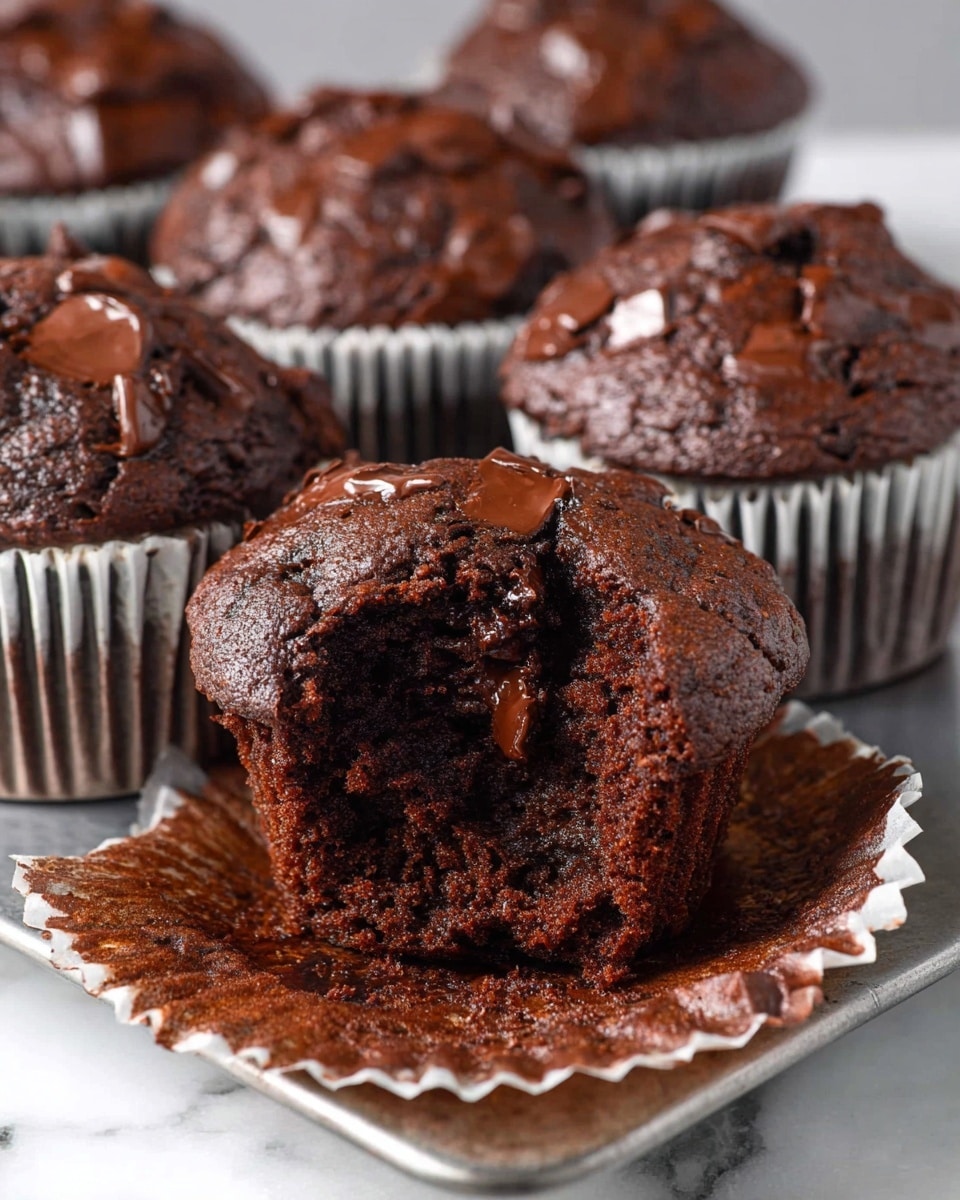 The image shows multiple chocolate muffins in white paper liners with dark brown and slightly shiny melted chocolate chunks on top, sitting on a silver metal tray with a white marbled surface underneath. The front muffin has its liner peeled back and a bite taken out, showing a moist, dense, rich dark brown chocolate interior with melted chocolate visible inside. The muffins have a slightly cracked texture on top that adds to their fresh and soft look. Photo taken with an iphone --ar 4:5 --v 7