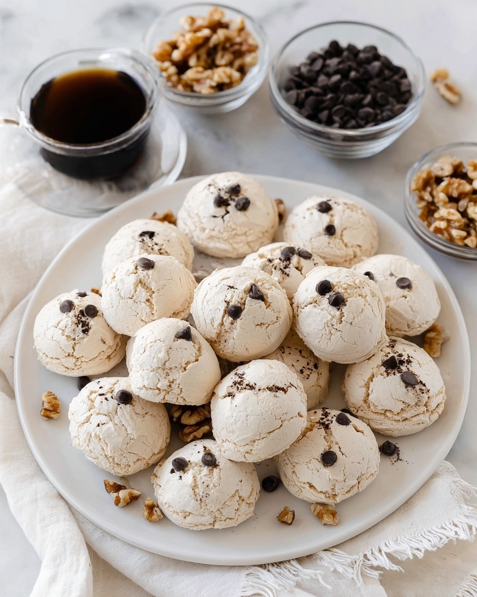 A white plate holds about eighteen round, light beige meringue cookies with a cracked surface texture, scattered with small dark chocolate chips and some walnut pieces around them. The cookies are arranged closely, covering most of the plate, which sits on a white marbled textured surface and white fabric with fringes. Nearby are two clear glass bowls, one filled with dark chocolate chips and the other filled with chopped walnuts, and a clear double wall cup with dark coffee. Photo taken with an iphone --ar 4:5 --v 7