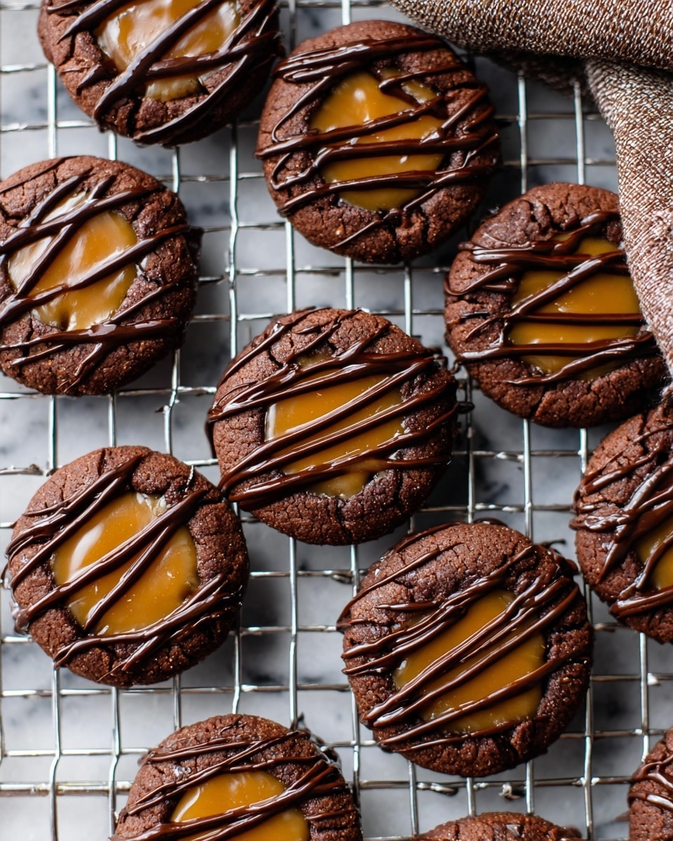 The image shows several round chocolate cookies arranged on a silver cooling rack over a white marbled surface. Each cookie has one layer of dark brown, slightly textured chocolate base. In the center of each cookie is a smooth layer of caramel, light golden brown in color, slightly sunken into the chocolate. A thin layer of dark chocolate drizzle is scattered over the top of each cookie in thin streams, creating a dark, glossy web-like pattern. A textured brown cloth is partially visible on the top right corner. photo taken with an iphone --ar 4:5 --v 7
