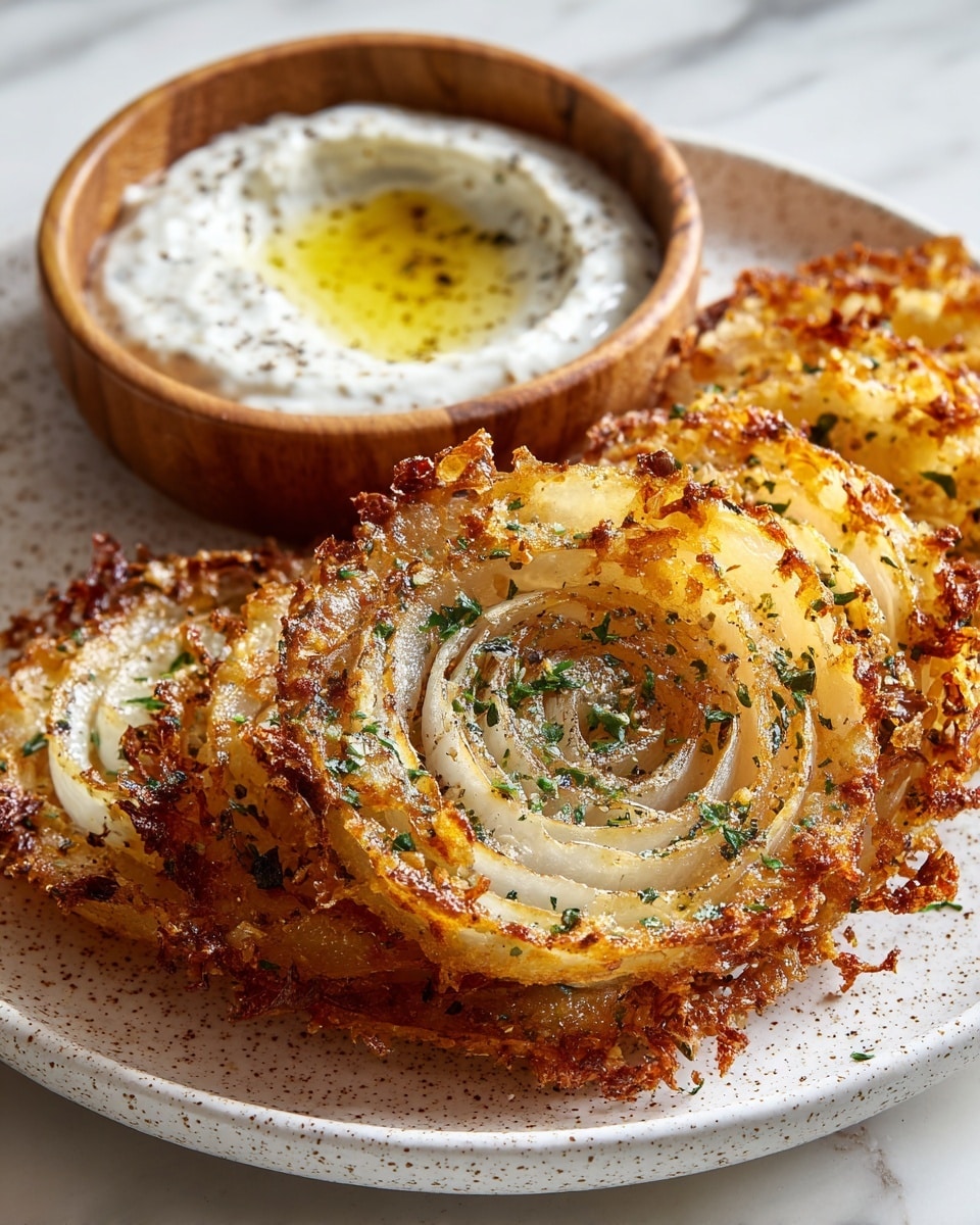 A white speckled plate holds several crispy onion rings stacked in layers, each ring golden brown with a crunchy, textured surface and visible onion slices inside. The onion layers show a soft, translucent white color with charred and crispy edges sprinkled with small green herbs and black pepper. To the side, a small wooden bowl contains a thick, creamy white dip with green flecks and a pool of golden olive oil on top. The background is a white marbled texture. Photo taken with an iphone --ar 4:5 --v 7