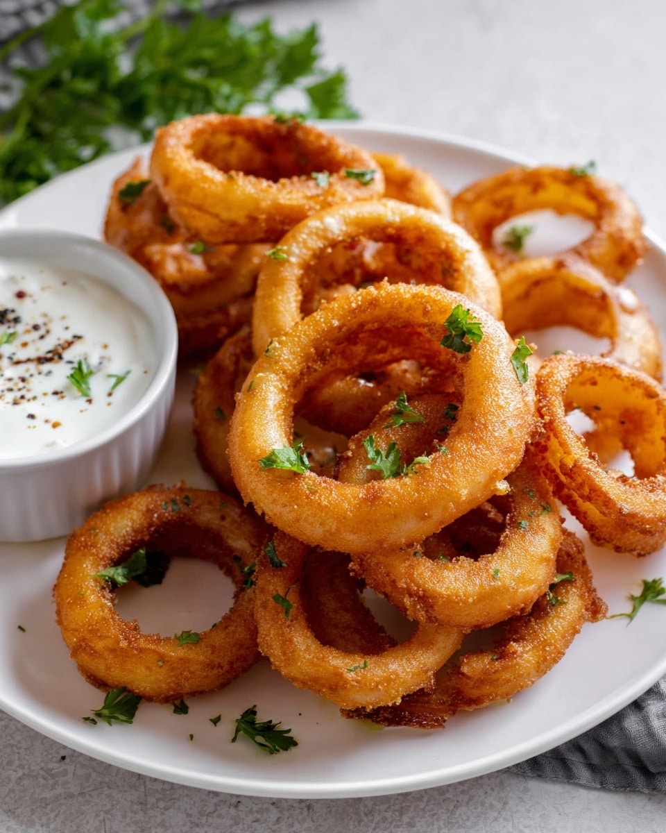A white plate is full of golden brown, crispy onion rings stacked in a slightly uneven pile, showing their crunchy texture with some parts darker from frying; the onion rings are garnished with small green parsley leaves scattered across the top. On the left side of the plate, a small white bowl contains a creamy white dipping sauce with a few black pepper flakes and parsley on top. The setting is on a white marbled surface with a small bunch of green herbs blurred in the background. photo taken with an iphone --ar 4:5 --v 7