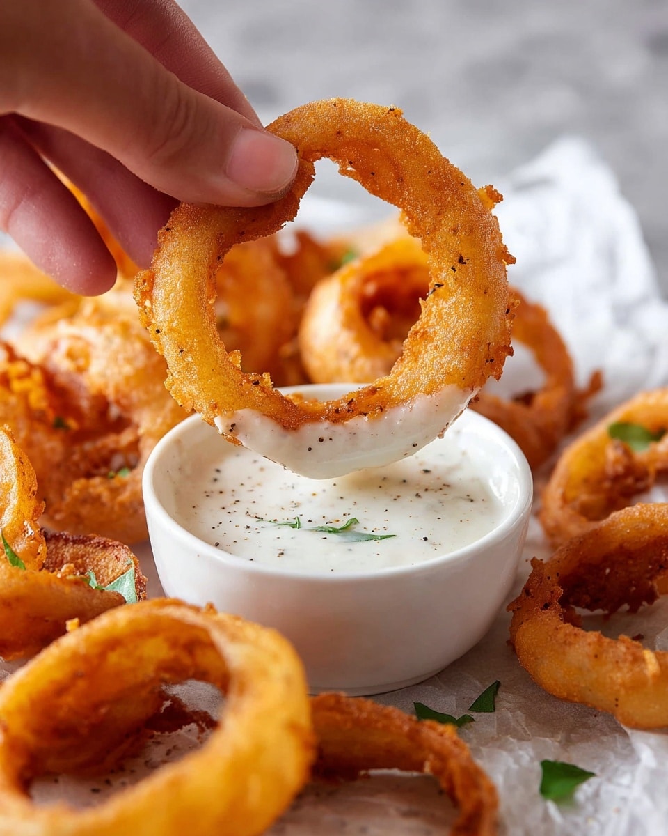 A close-up of a golden-brown crispy onion ring being dipped into a light creamy white sauce with black pepper bits, held by a woman's hand. The onion ring is thick, crunchy, and shows a textured batter with a few green herb pieces on it. In the background, more onion rings with the same golden texture are scattered on white parchment paper on a white marbled surface. The small white bowl holding the sauce is round and simple, with a few sprinkled green herb pieces nearby. photo taken with an iphone --ar 4:5 --v 7